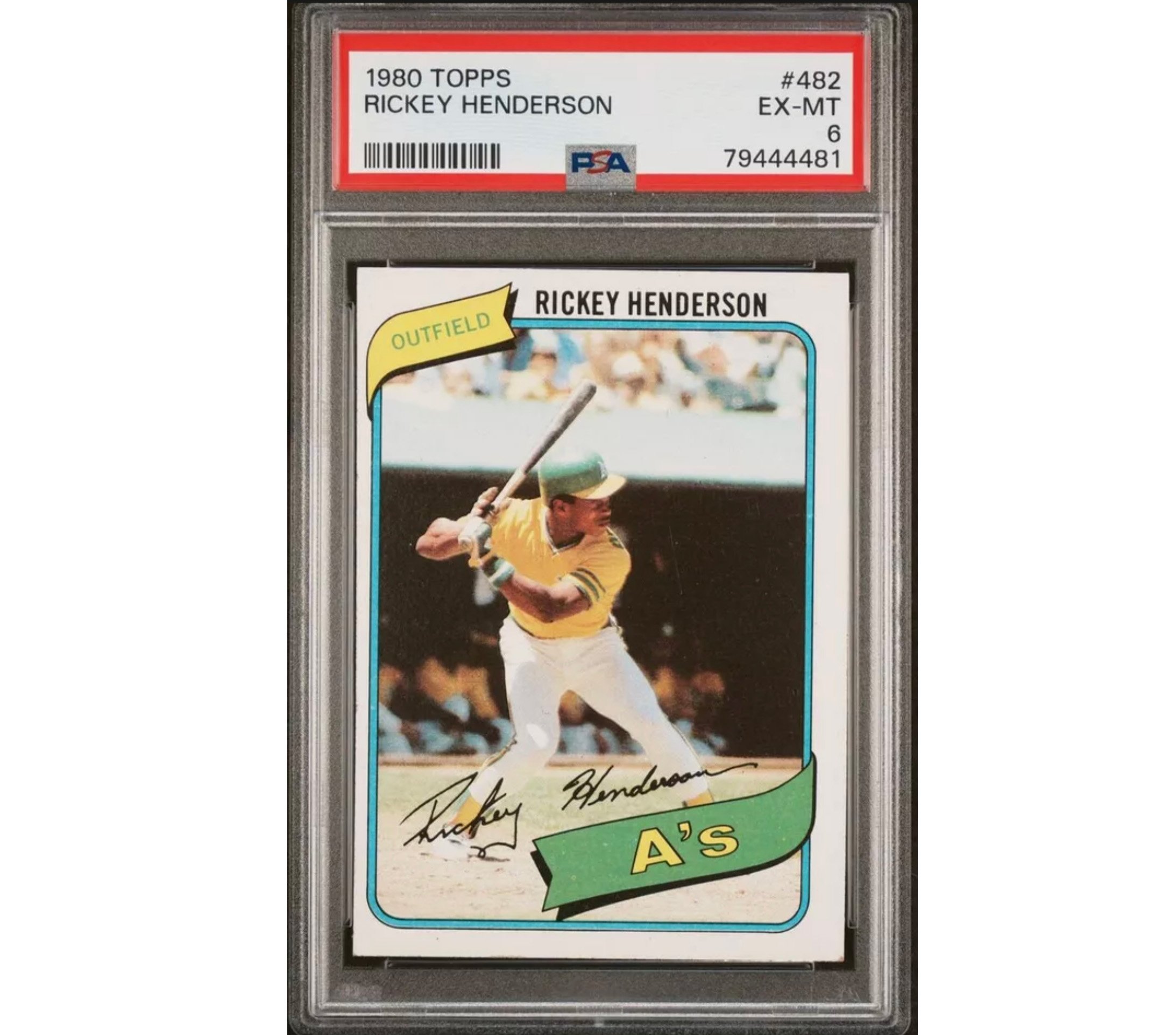 Rickey Henderson 1980 Topps Rookie Baseball Card #482. PSA 6. EX-MINT