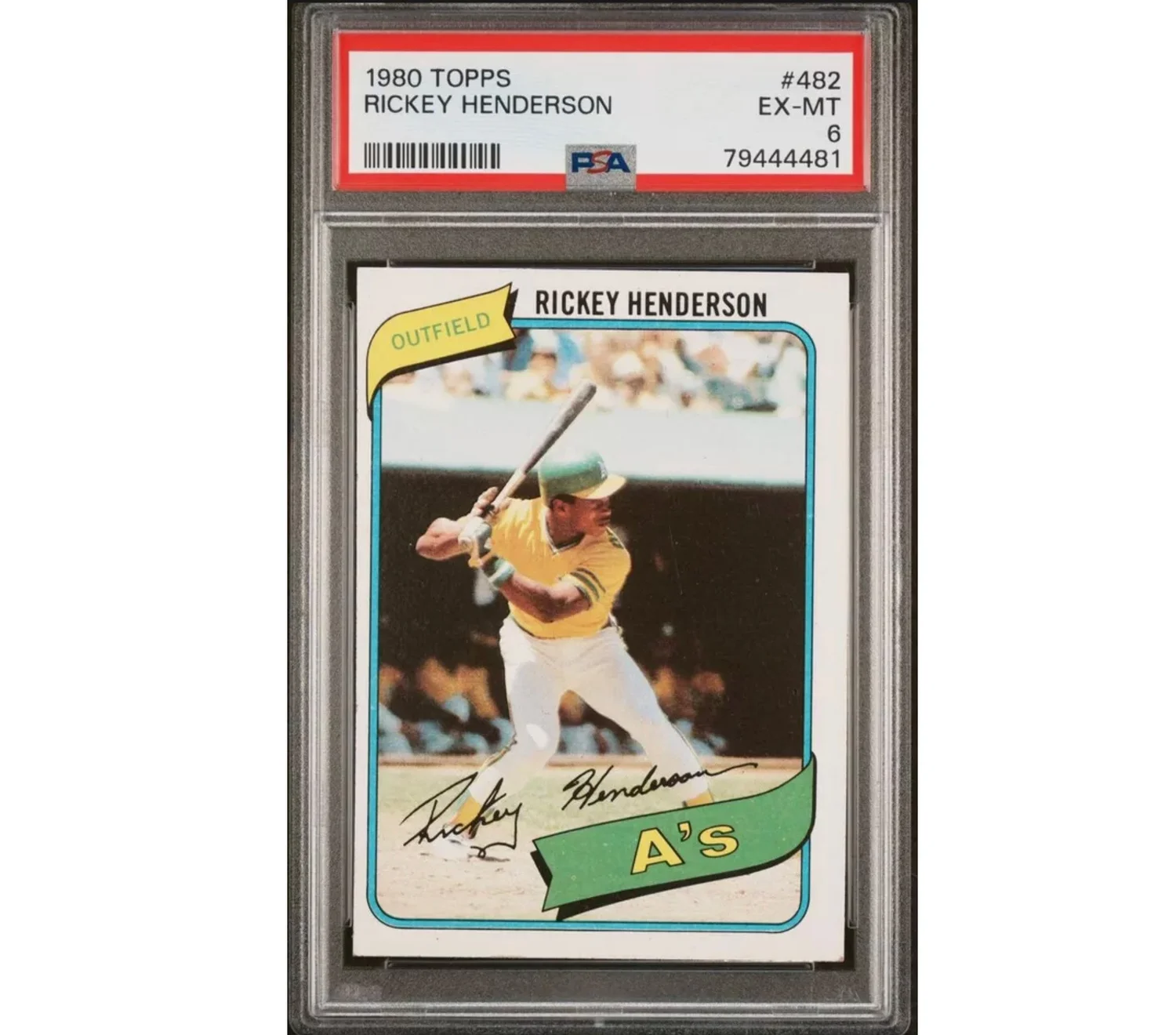 Rickey Henderson 1980 Topps Rookie Baseball Card #482. PSA 6. EX 