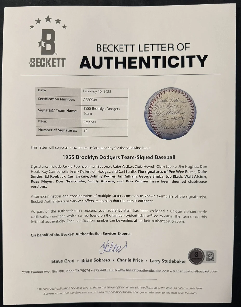 1955 World Series Champion Brooklyn Dodgers Signed Baseball