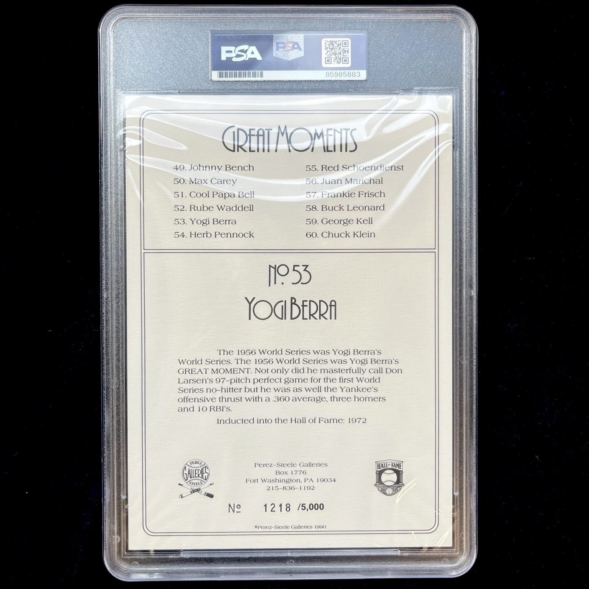 Yogi Berra Signed Perez-Steele Great Moments. PSA Authentic Auto