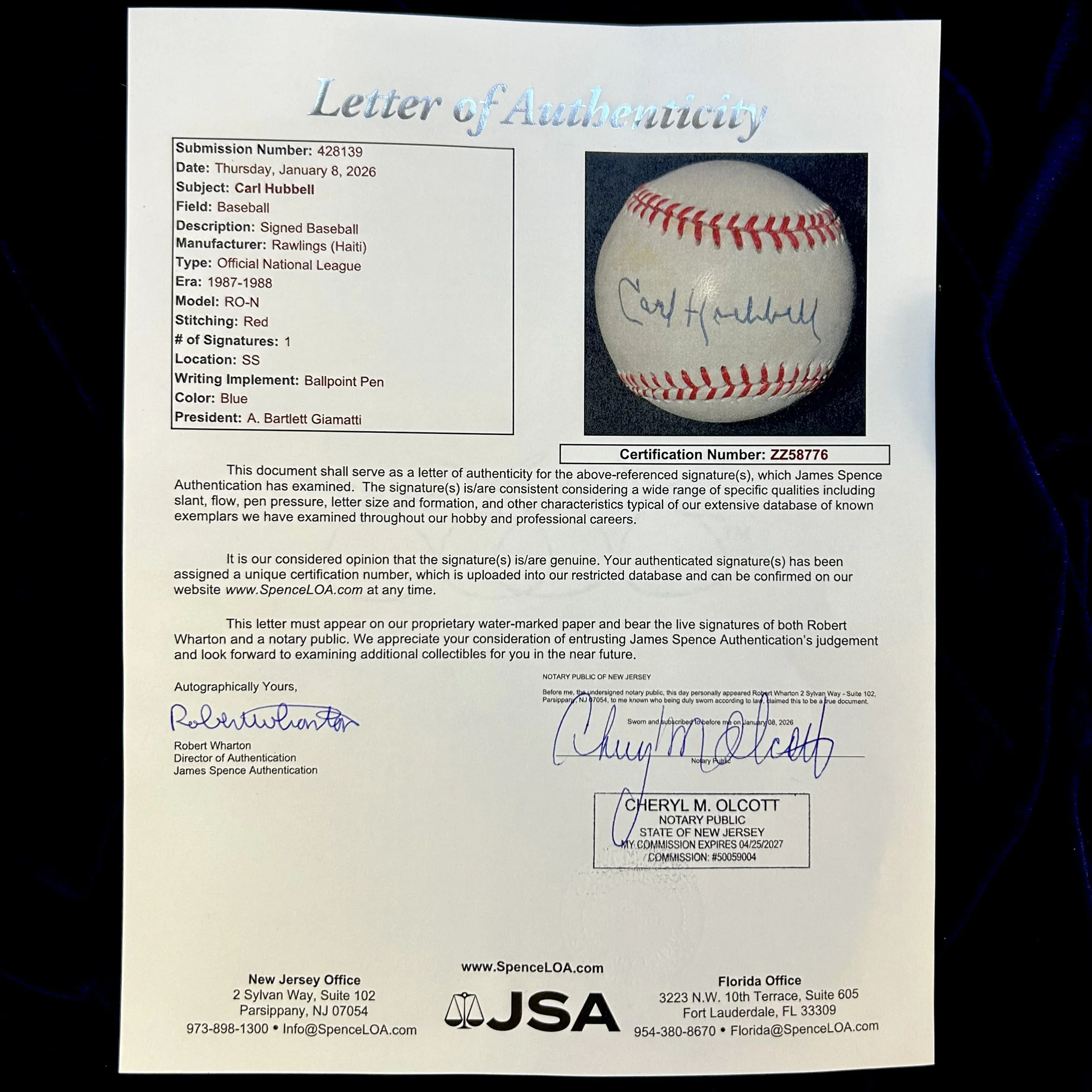 Carl Hubbell Signed Official National League Baseball. JSA