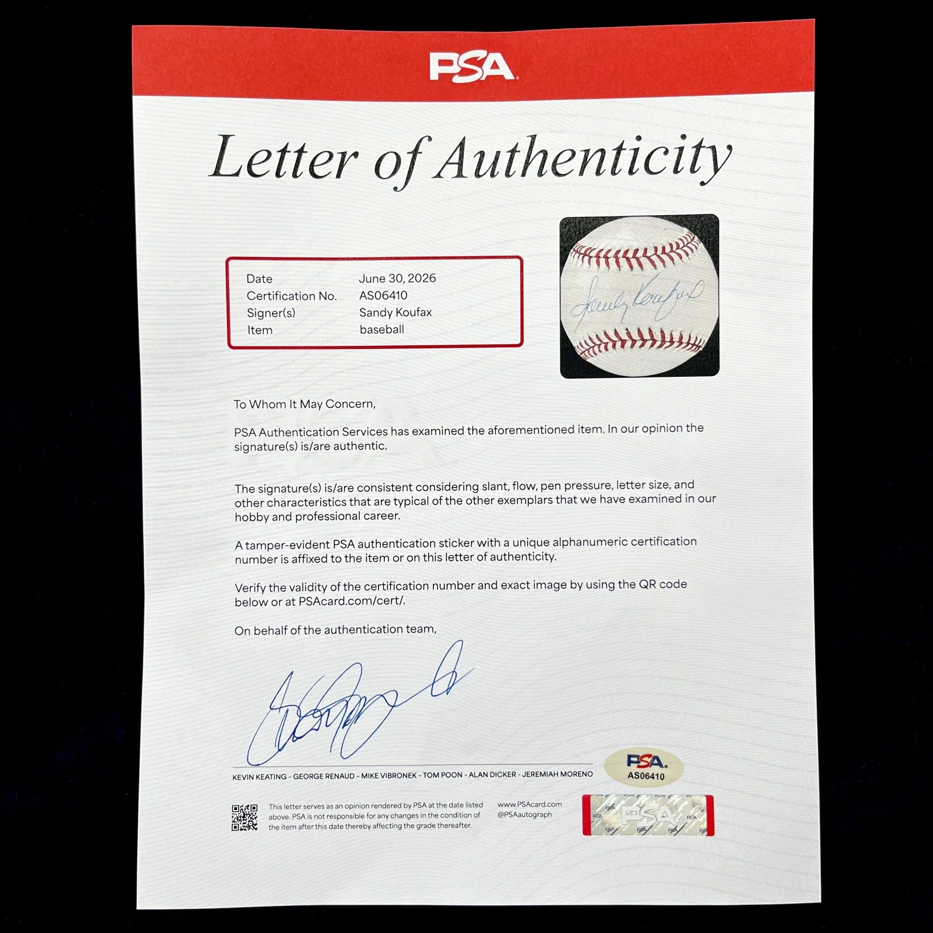 Sandy Koufax Signed Official National League Baseball. PSA