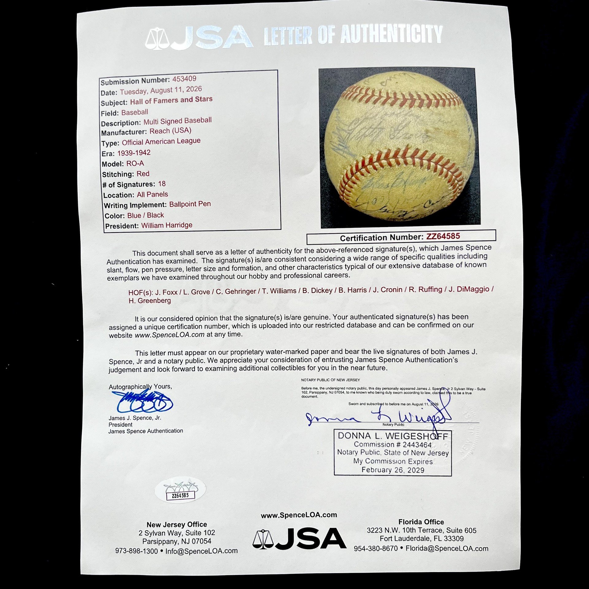 Hall of Famers and Stars Multi Signed American League Ball. Jimmie Foxx, Lefty Grove, Charlie Gehringer, Ted Williams, Bucky Harris, Joe Cronin, Red Ruffing, Joe Dimaggio, Hank Greenberg. JSA