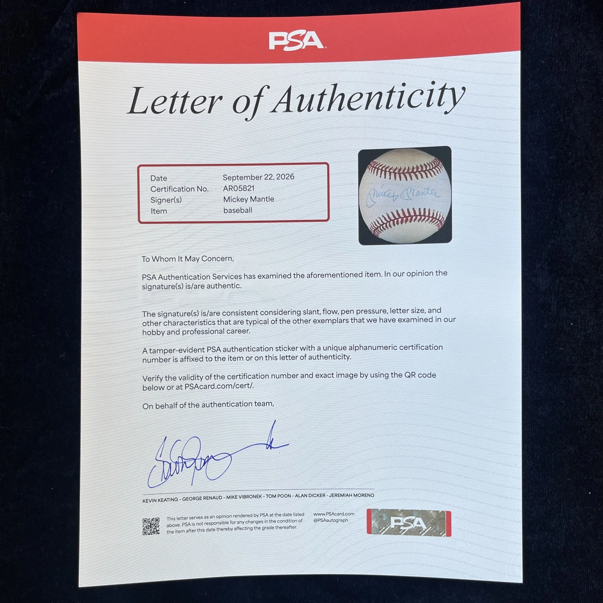 Mickey Mantle Signed Official American League Baseball. PSA LOA