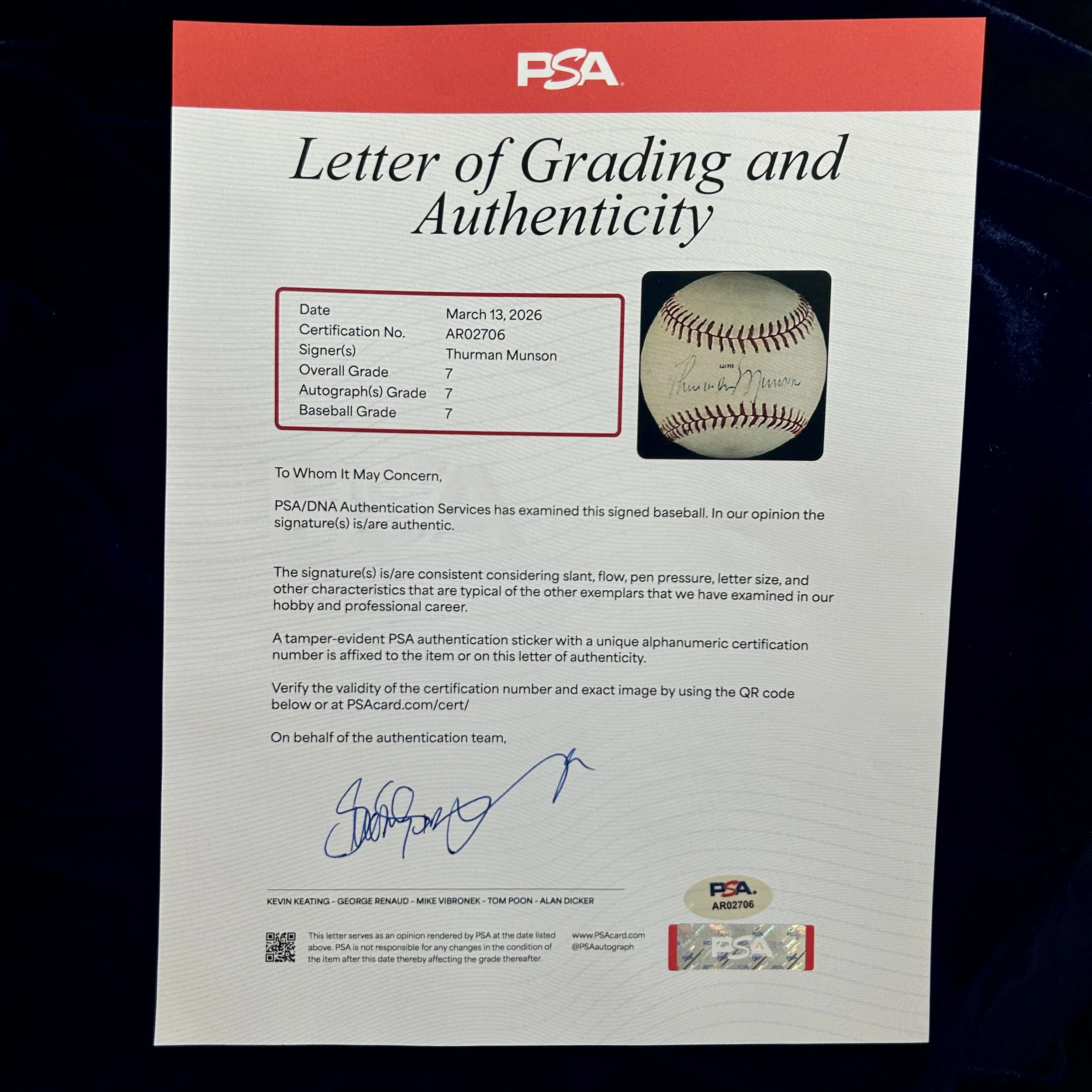 Thurman Munson Signed Official League Baseball. PSA