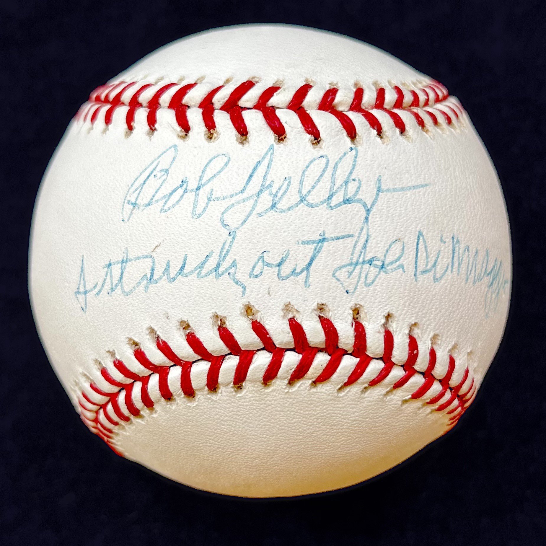Bob Feller "I struck out Joe DiMaggio" Signed Official Major League Baseball. JSA/Steiner