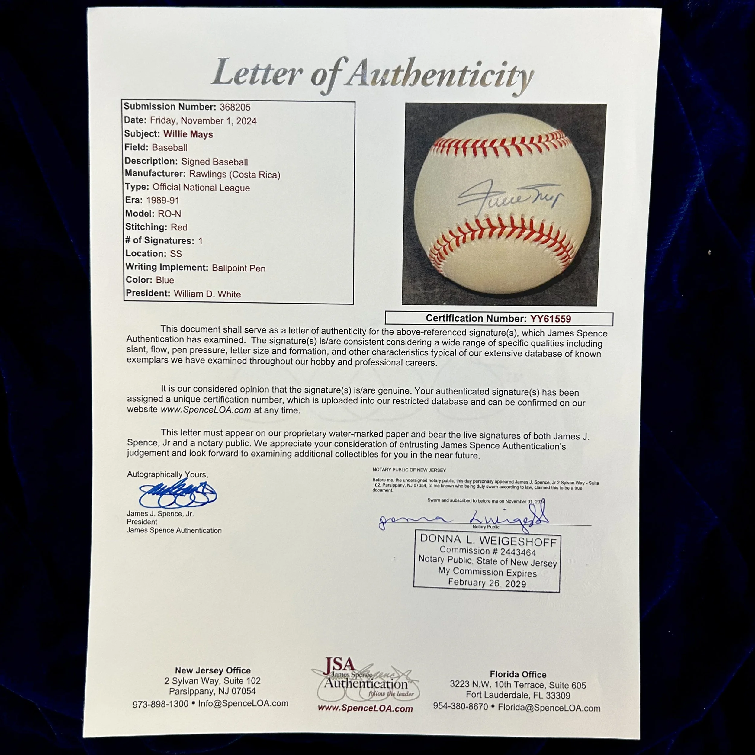 Willie Mays Signed Official National League Baseball. JSA