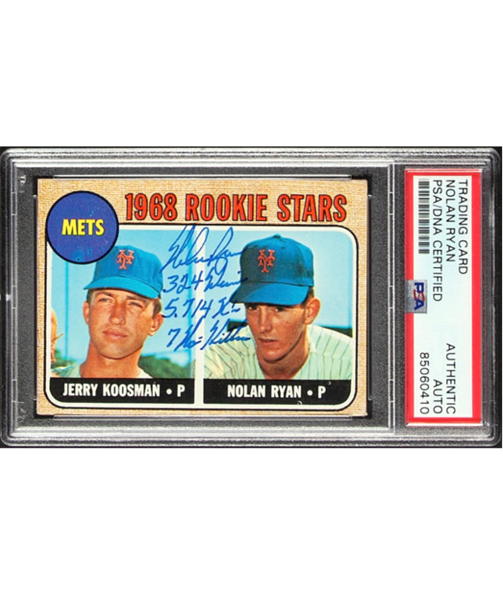 Nolan Ryan Signed 1968 Topps Rookie Baseball Card #177. PSA Authentic. 324 Wins, 5714 K’s, 7 No Hitters