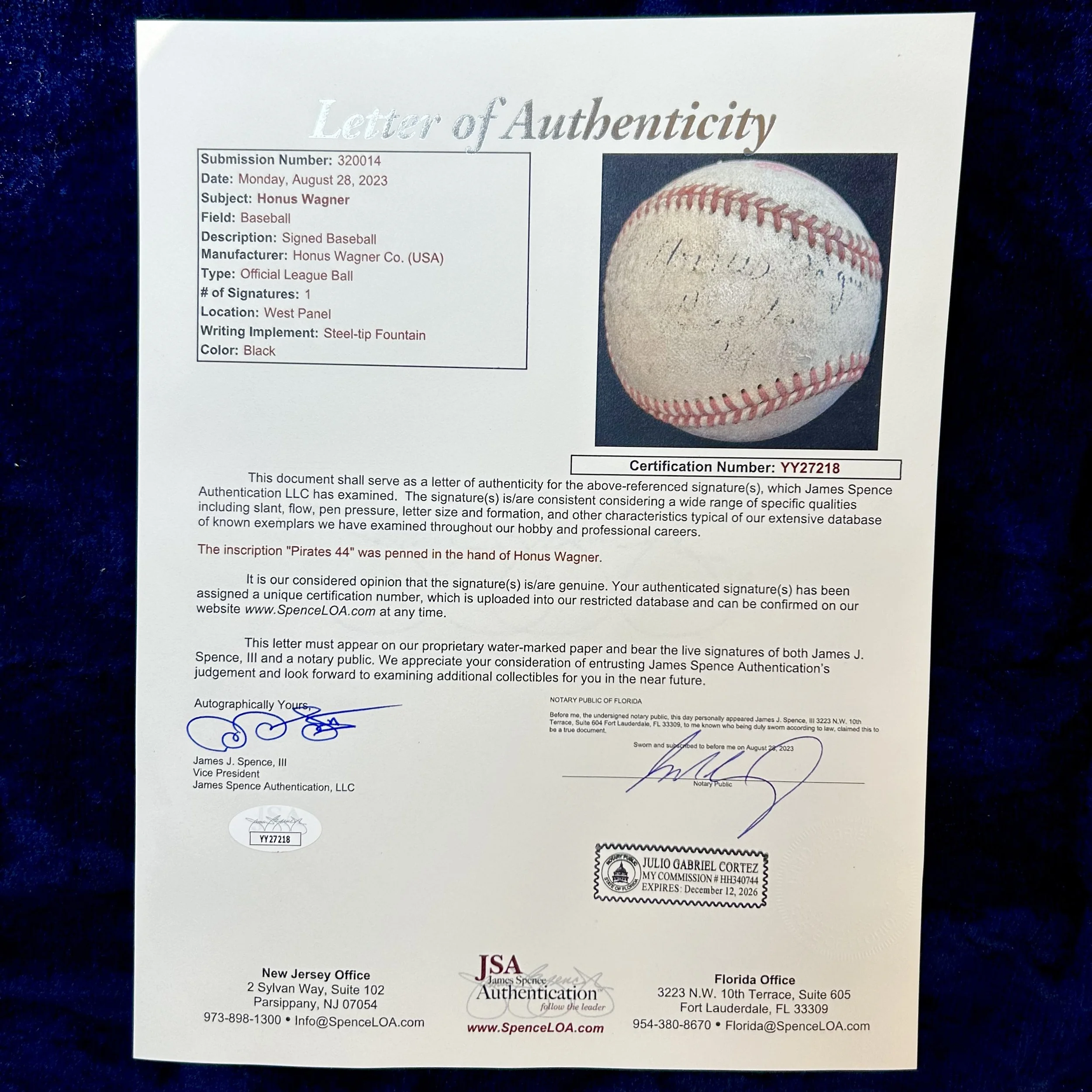 Honus Wagner Signed Official League Baseball with Original Box. JSA