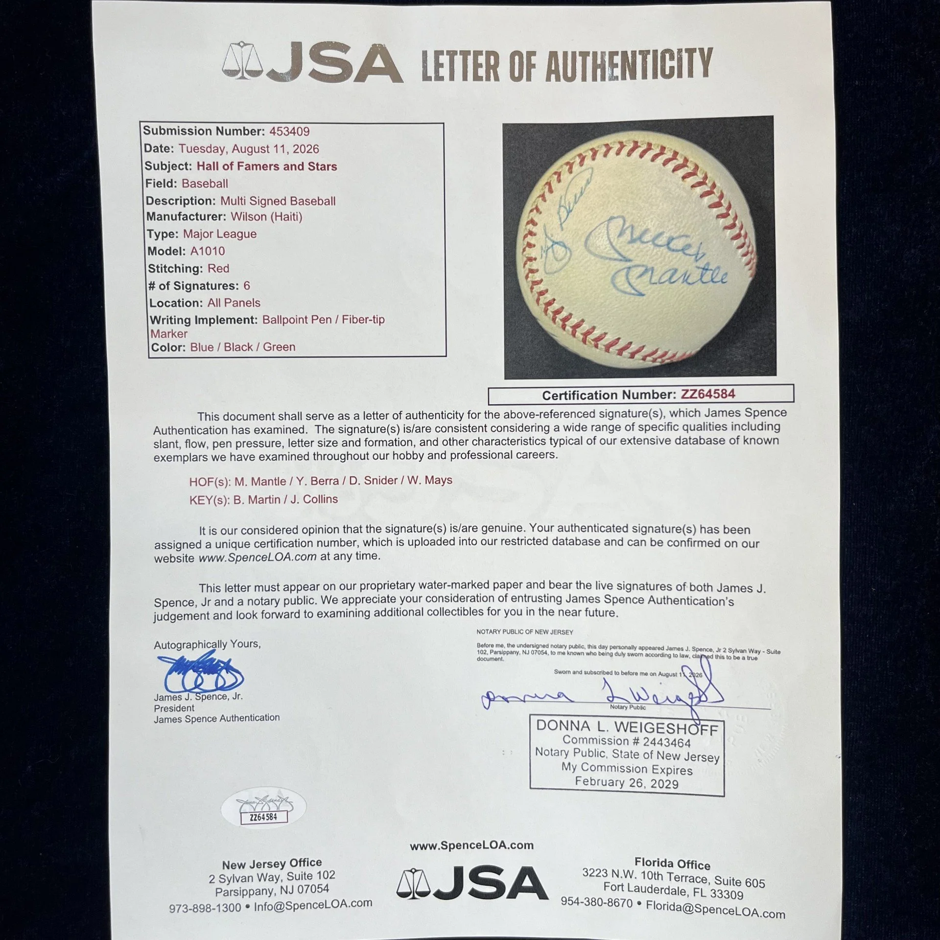 Hall of Famers and Stars Multi Signed Official Major League Ball. Mickey Mantle, Yogi Berra, Duke Snider, Willie Mays, Billie Martin, Joe Collins. JSA