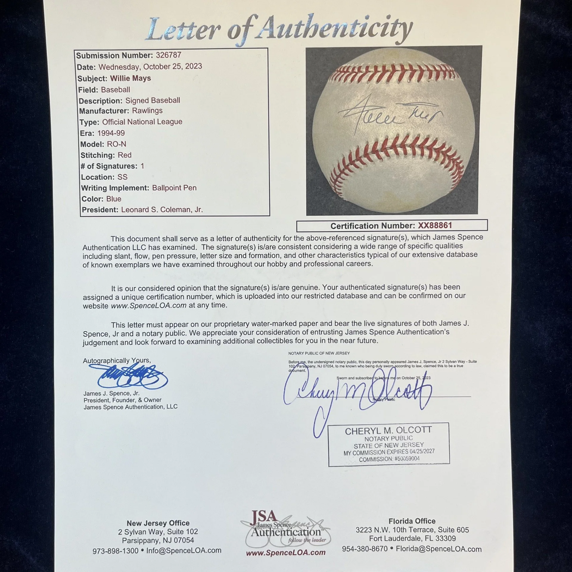 Willie Mays Signed Official National League Baseball. JSA LOA