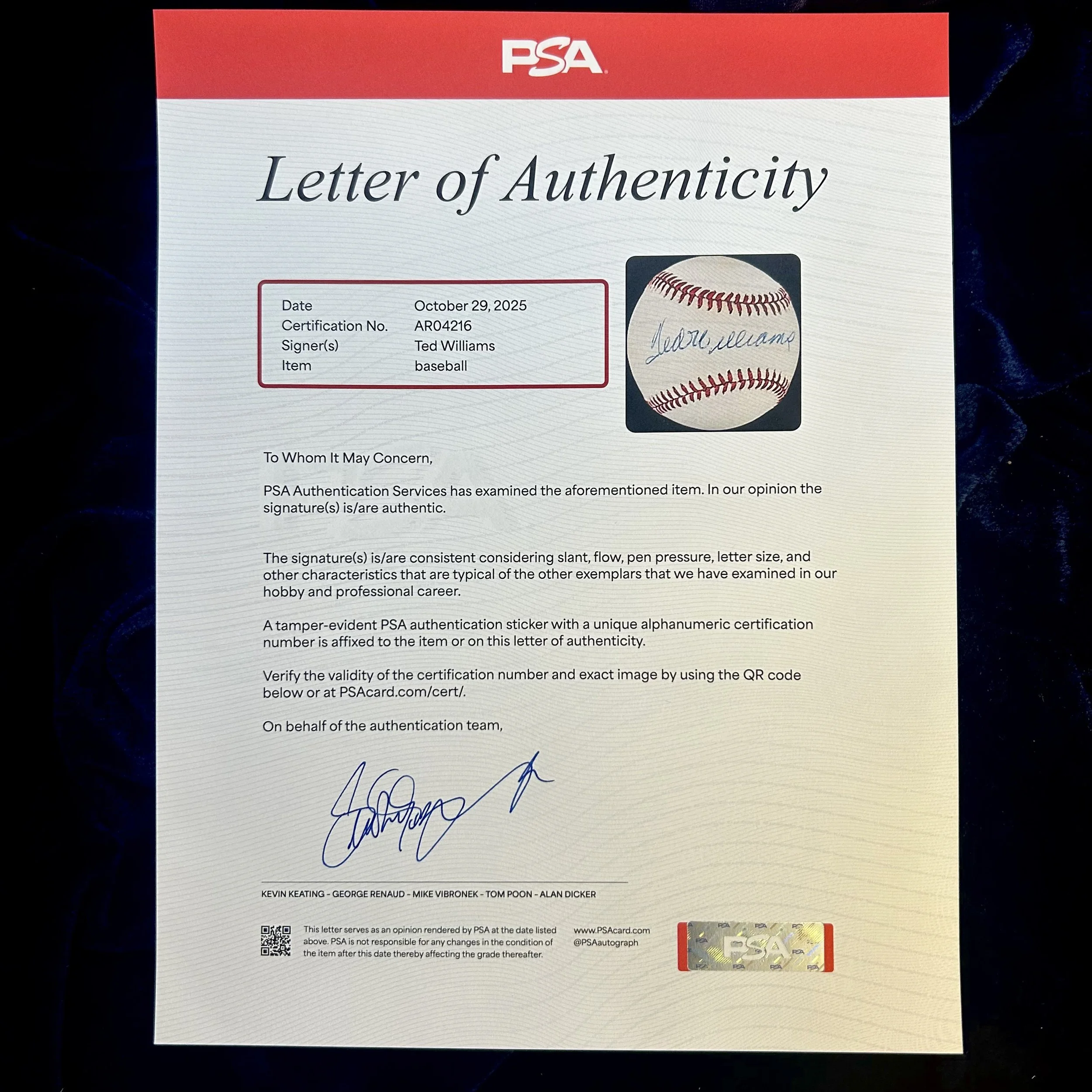 Ted Williams Signed Official American League Baseball. PSA