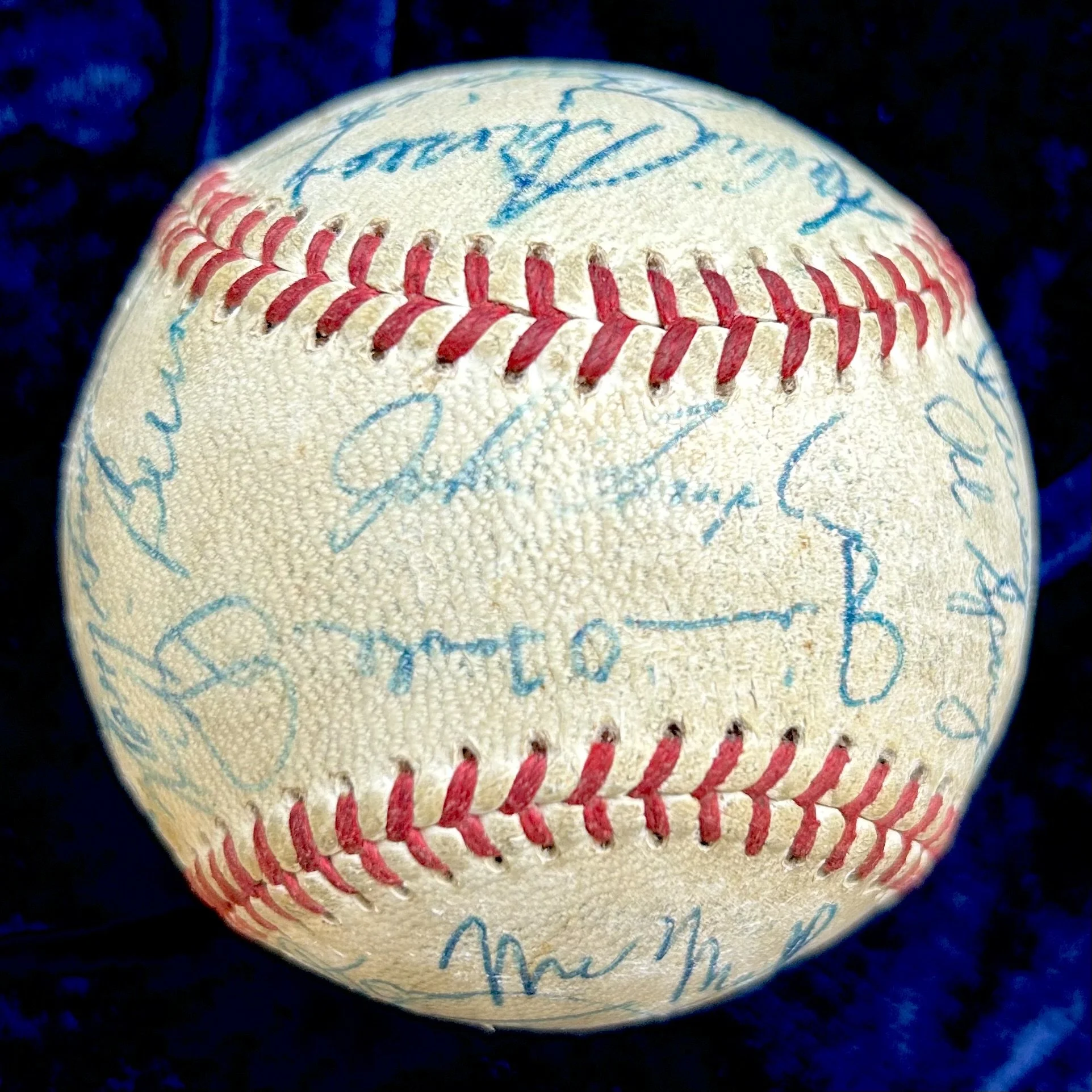 1950s Baseball Greats Multi-Signed (31) Baseball. Yogi Berra, Phil Rizzuto, Luis Aparicio, Early Wynn, Casey Stengel. PSA