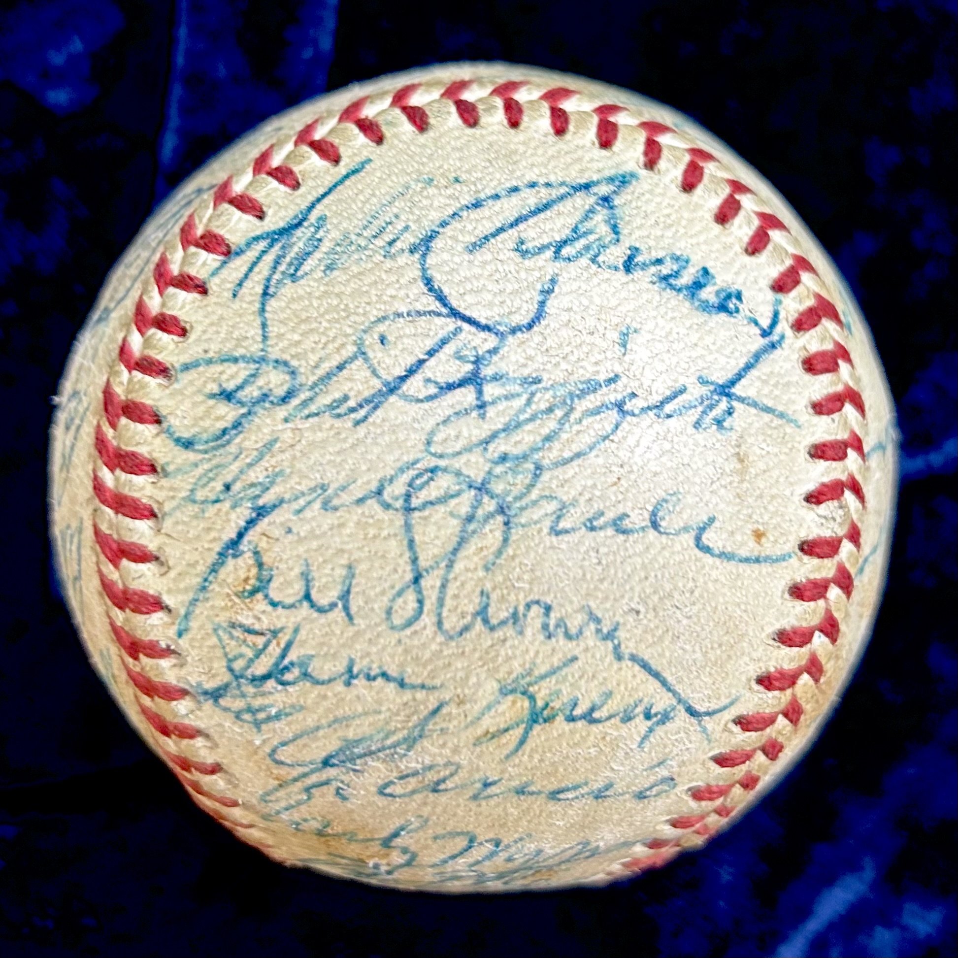 1950s Baseball Greats Multi-Signed (31) Baseball. Yogi Berra, Phil Rizzuto, Luis Aparicio, Early Wynn, Casey Stengel. PSA