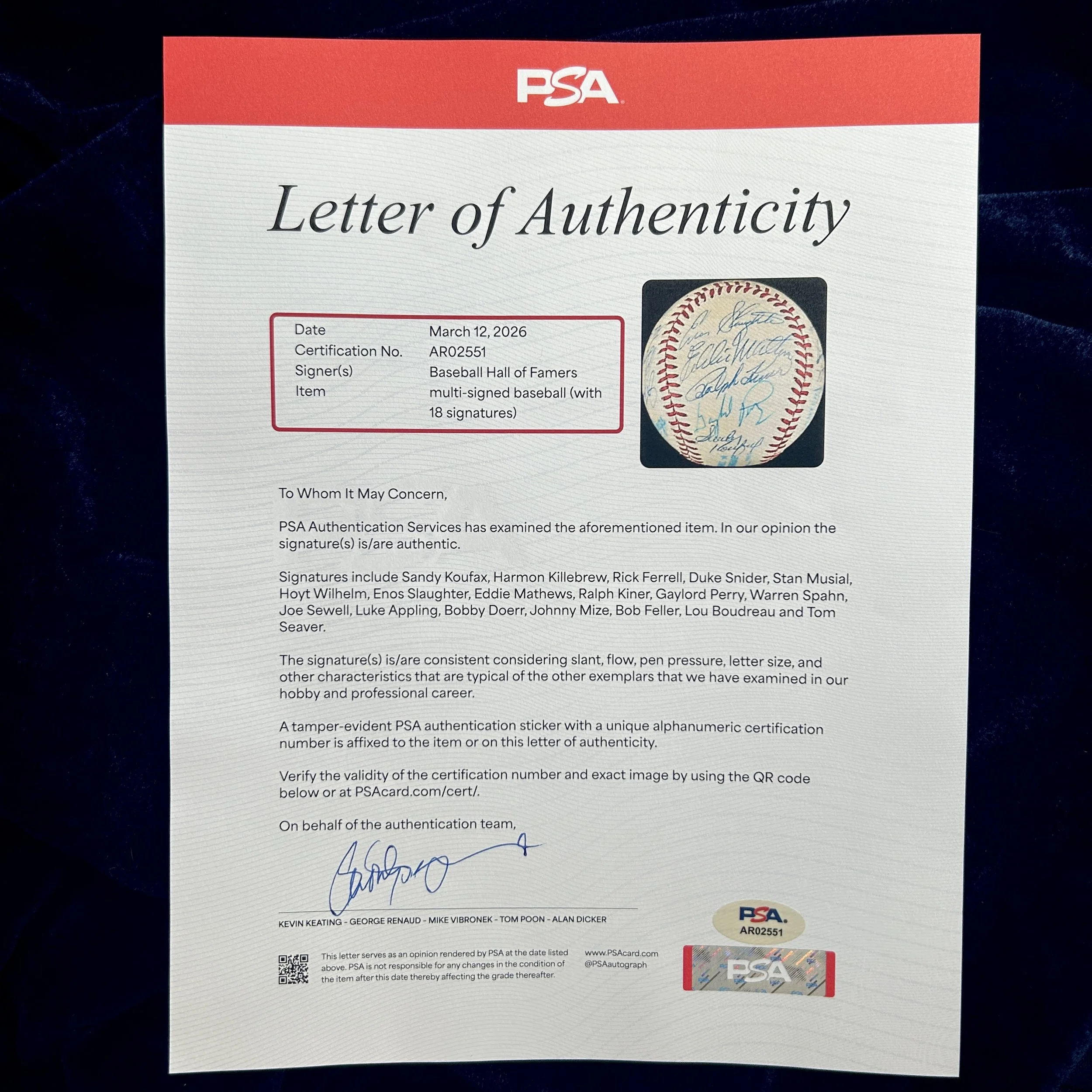 Hall of Famers Multi-Signed (18) Official American League Baseball. Koufax, Musial, Snider, Killebrew, Seaver, Mize. PSA