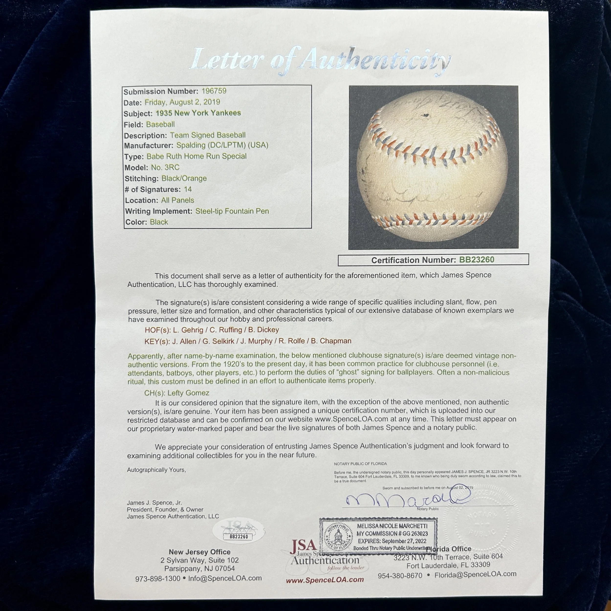 1935 New York Yankees Team Signed (14) Official Babe Ruth Home Run Special Baseball. Lou Gehrig. JSA
