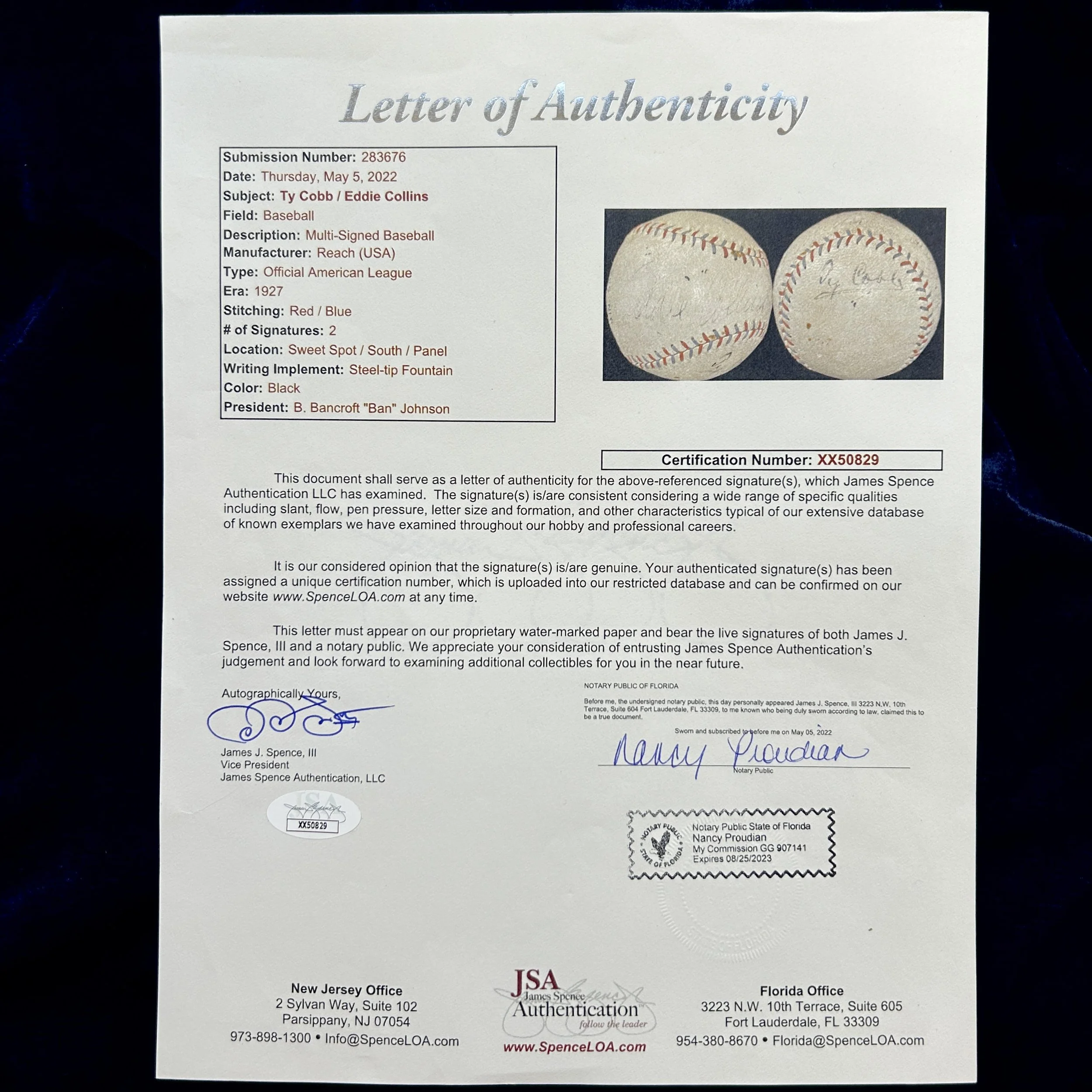Ty Cobb and Eddie Collins Dual-Signed Official American League Baseball. JSA