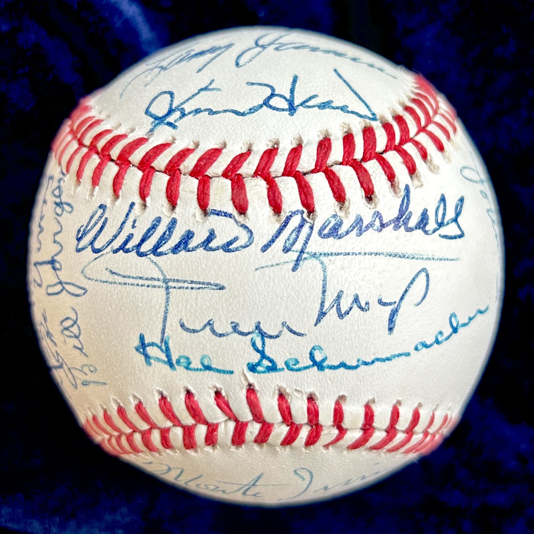 New York Giants Greats Multi-Signed (22) Official National League Baseball. Mays, Irvin, Wilhelm, Durocher, Mize. PSA