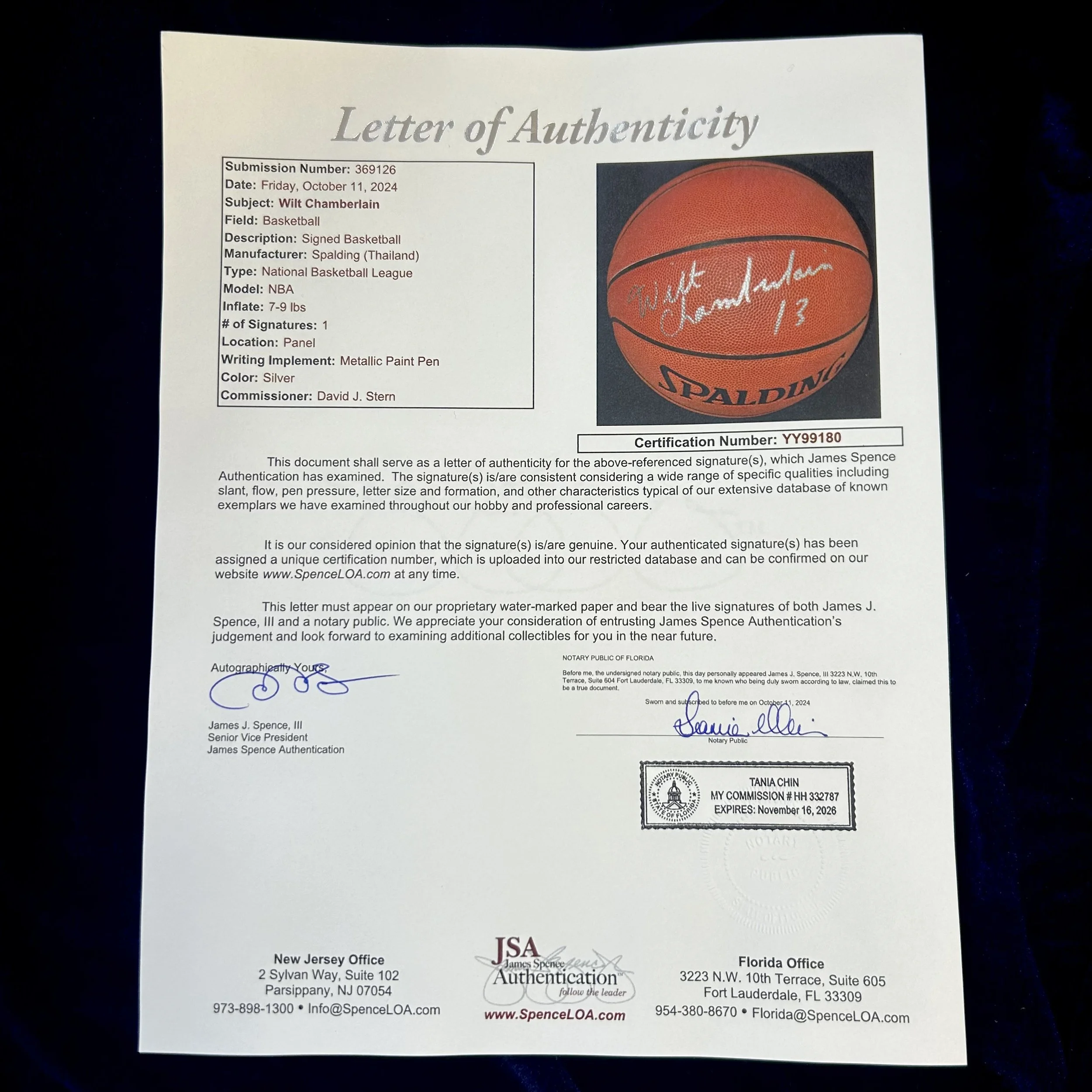 Wilt Chamberlain Signed Spalding NBA Basketball. JSA