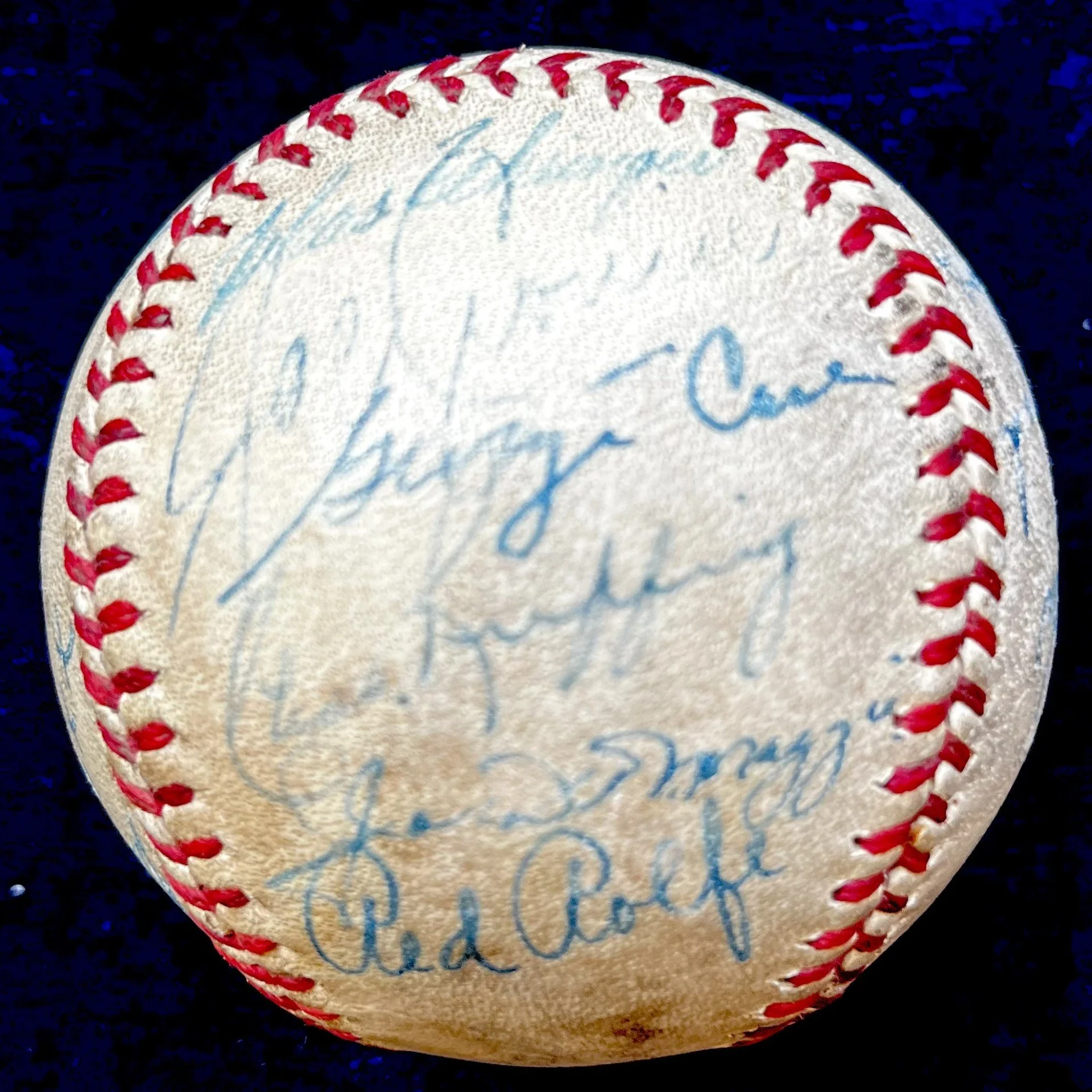 Hall of Famers and Stars Multi Signed American League Ball. Jimmie Foxx, Lefty Grove, Charlie Gehringer, Ted Williams, Bucky Harris, Joe Cronin, Red Ruffing, Joe Dimaggio, Hank Greenberg. JSA