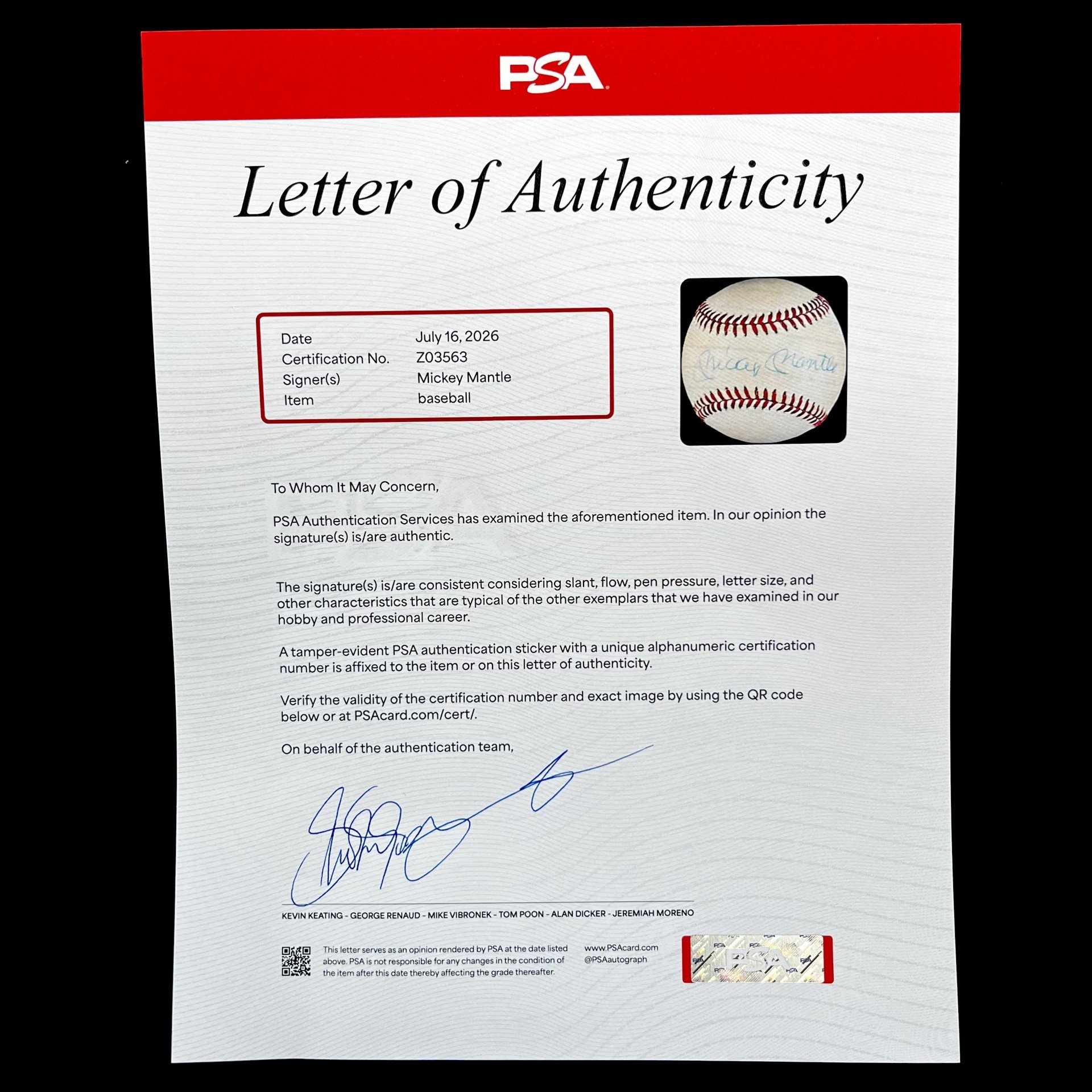 Mickey Mantle Signed American League Baseball. PSA