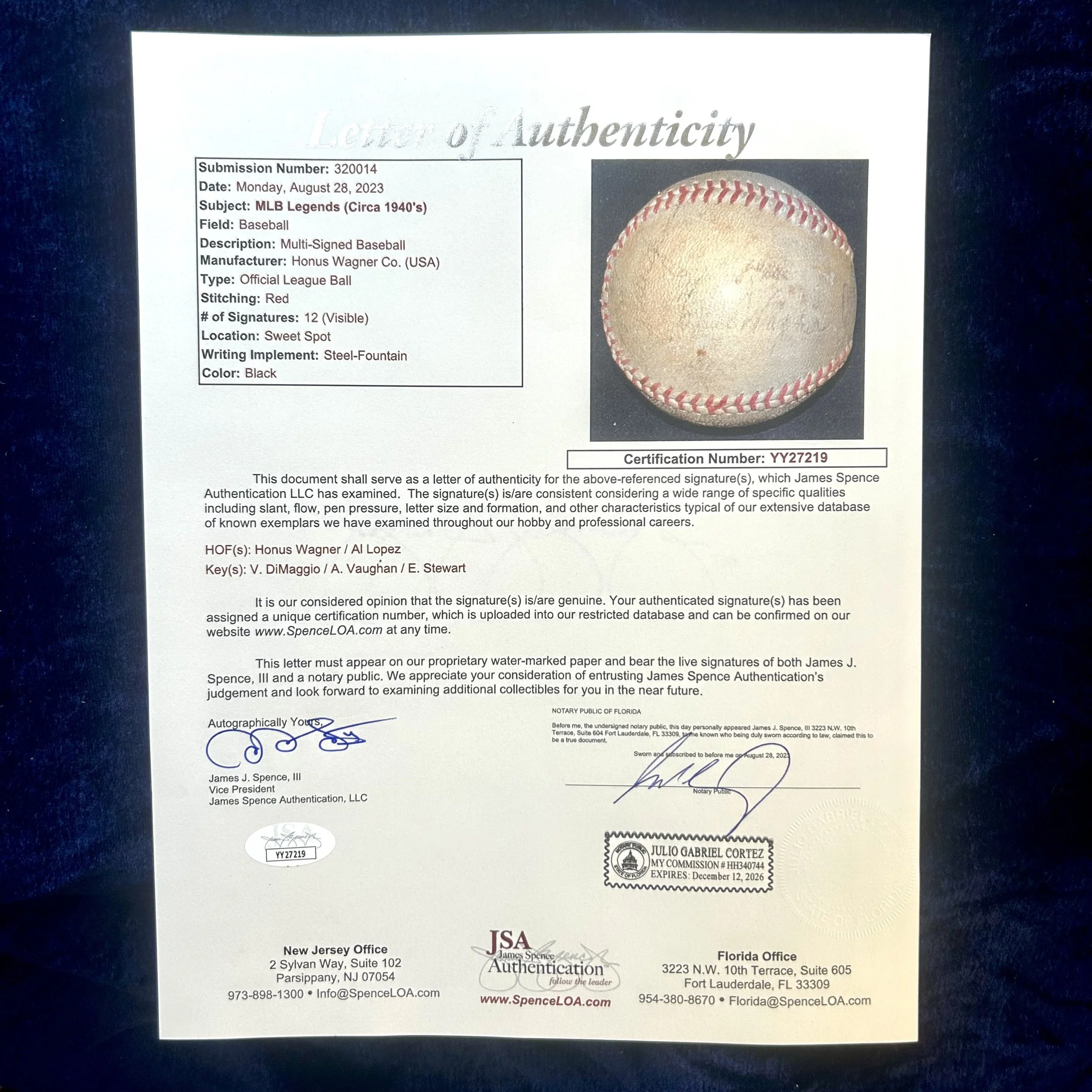 Honus Wagner and Al Lopez MLB Legends 1940s Signed Official League Baseball. JSA