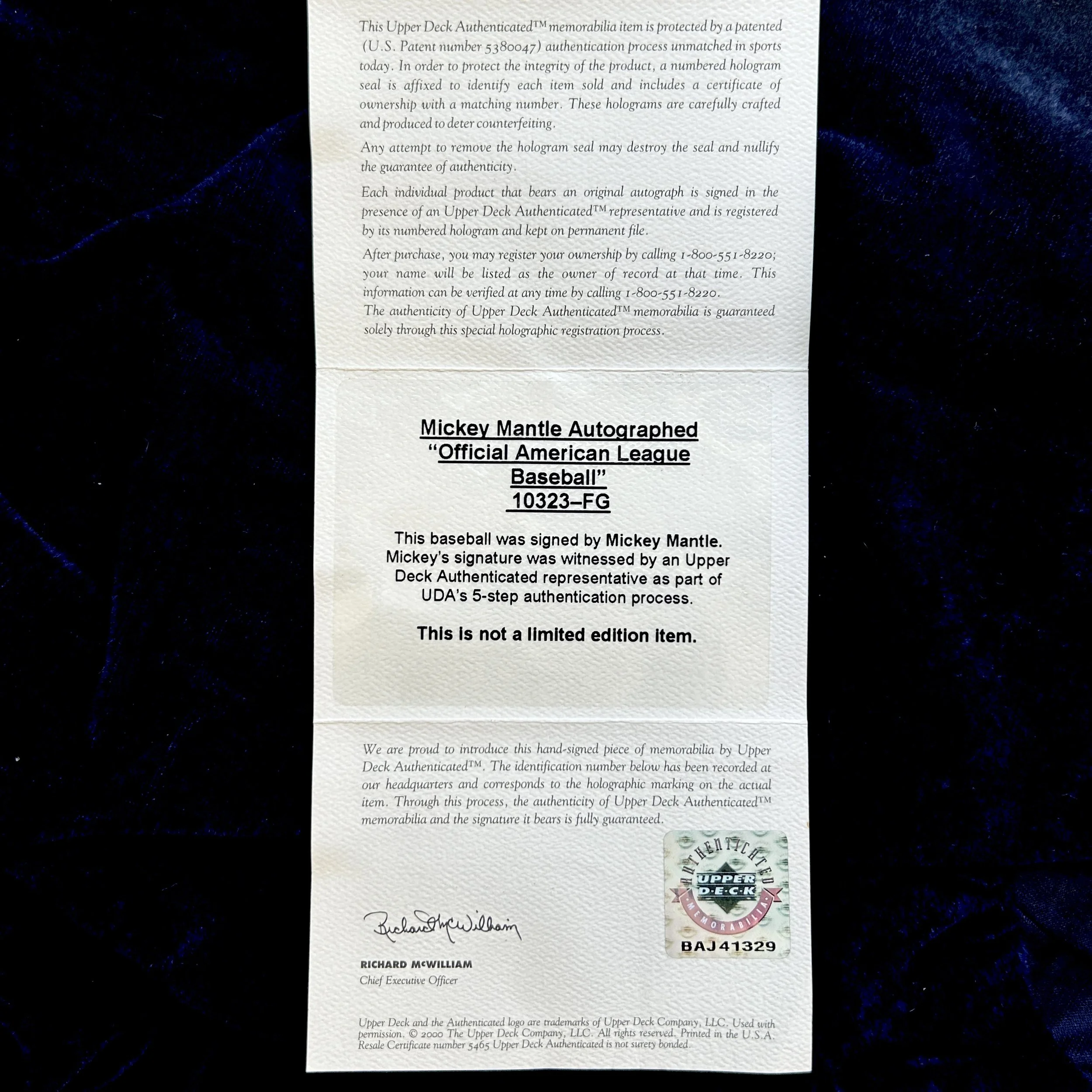 Mickey Mantle Signed Official American League Baseball. UDA