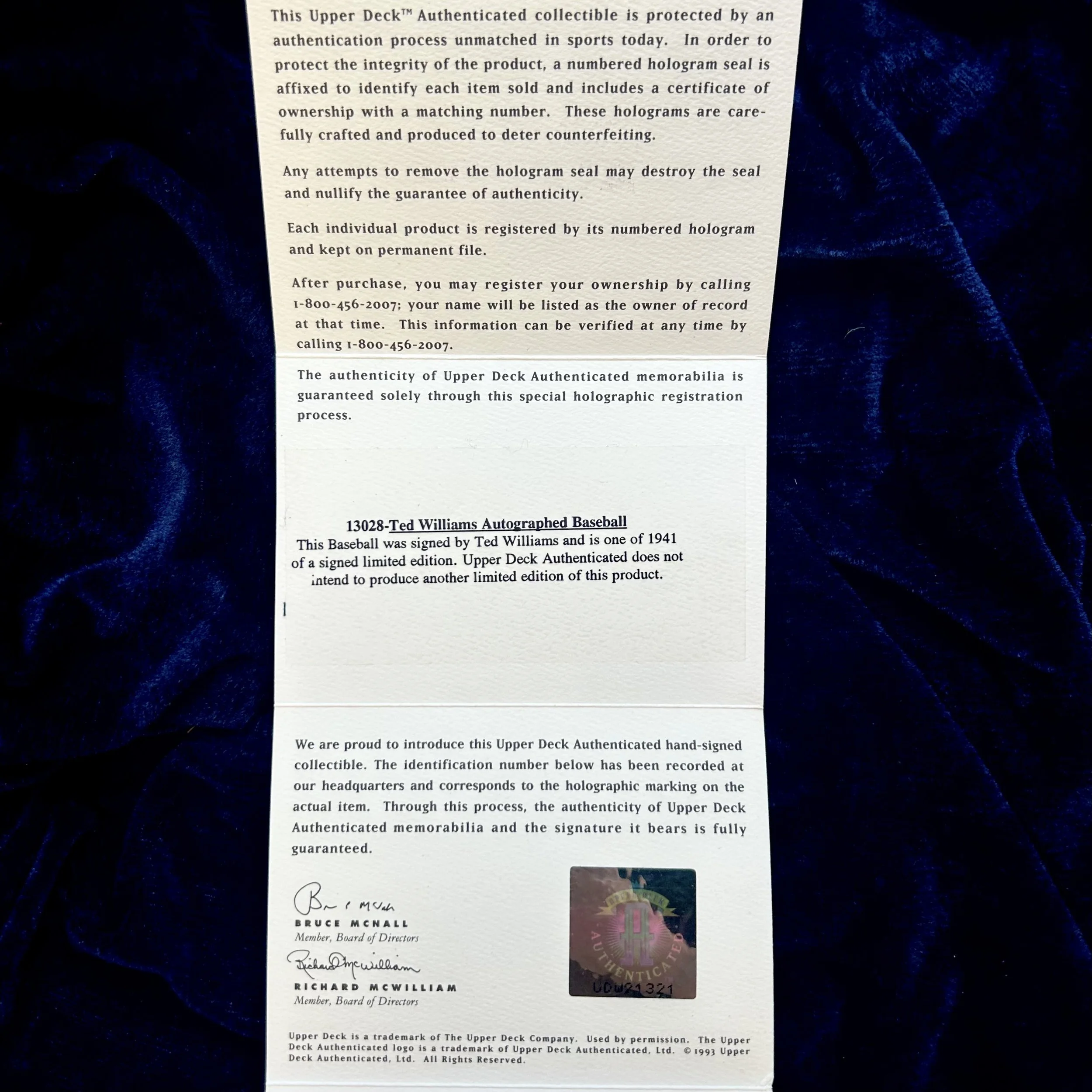 Ted Williams .406 Signed Official American League Baseball. Upper Deck Authenticated