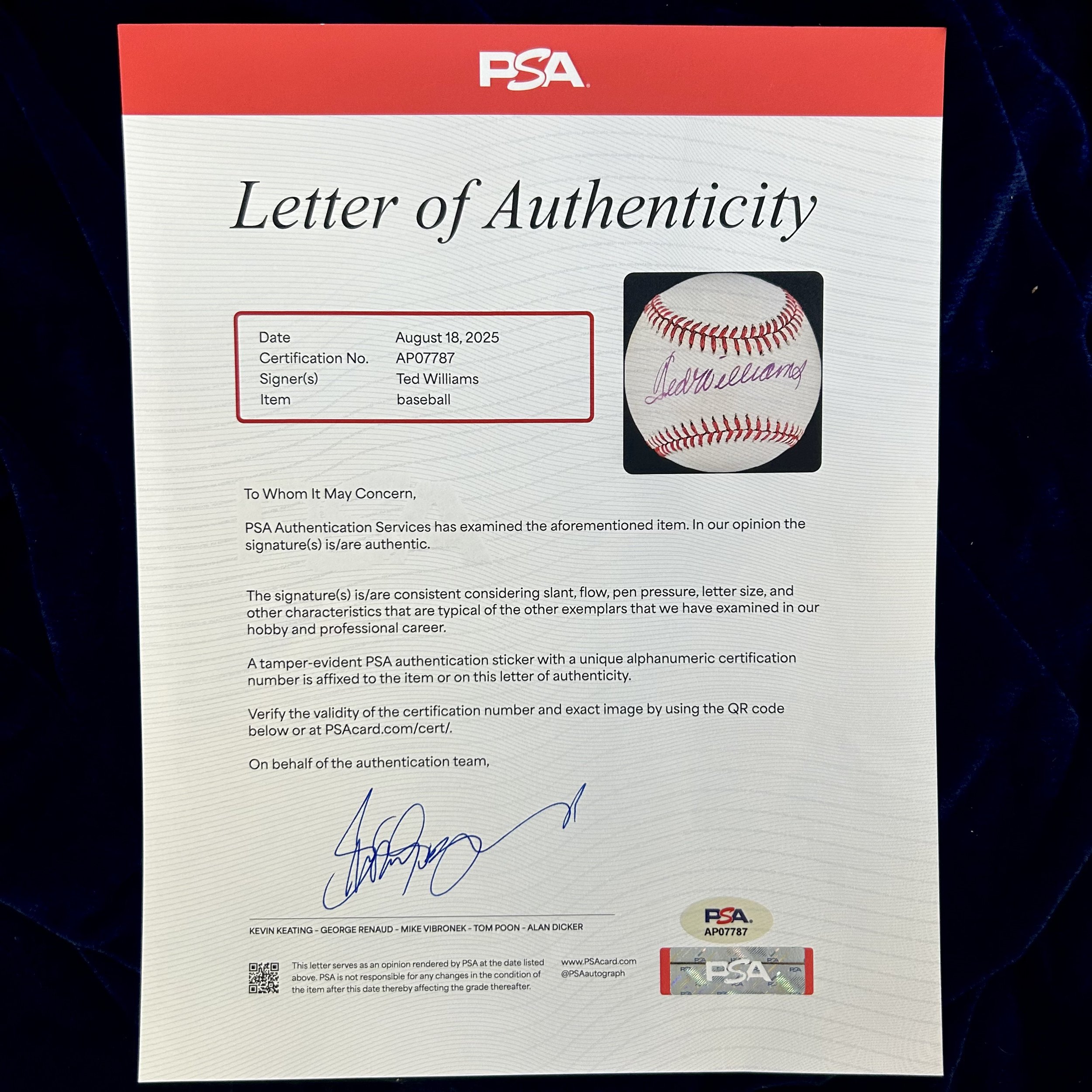 Ted Williams Signed Official American League Baseball. PSA