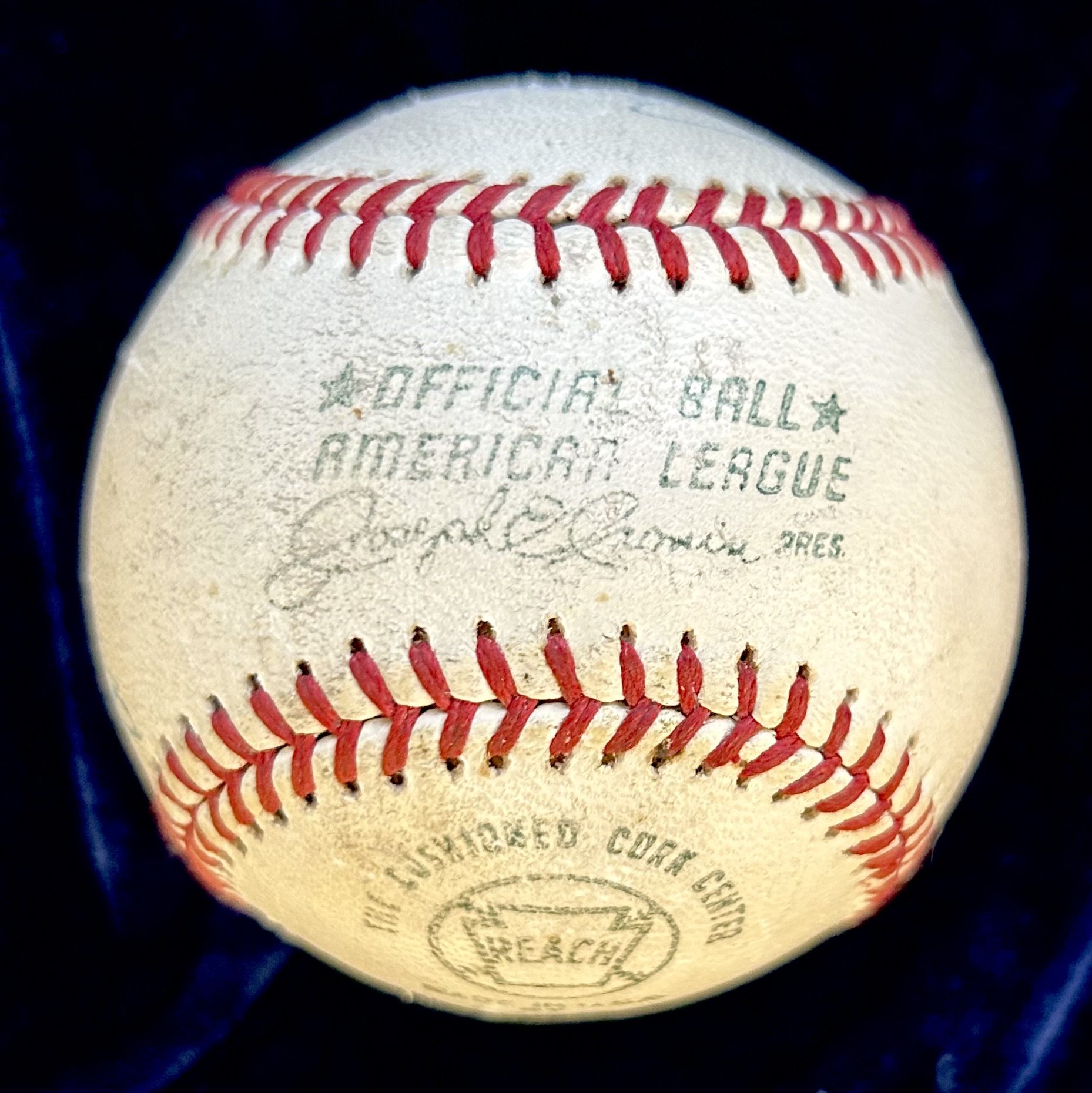 Baseball Greats Multi-Signed (6) Official American League Baseball. Signed by Hank Aaron, Early Wynn, Dave Parker, Al Rosen, Bill Virdon, and Birdie Tebbetts. PSA