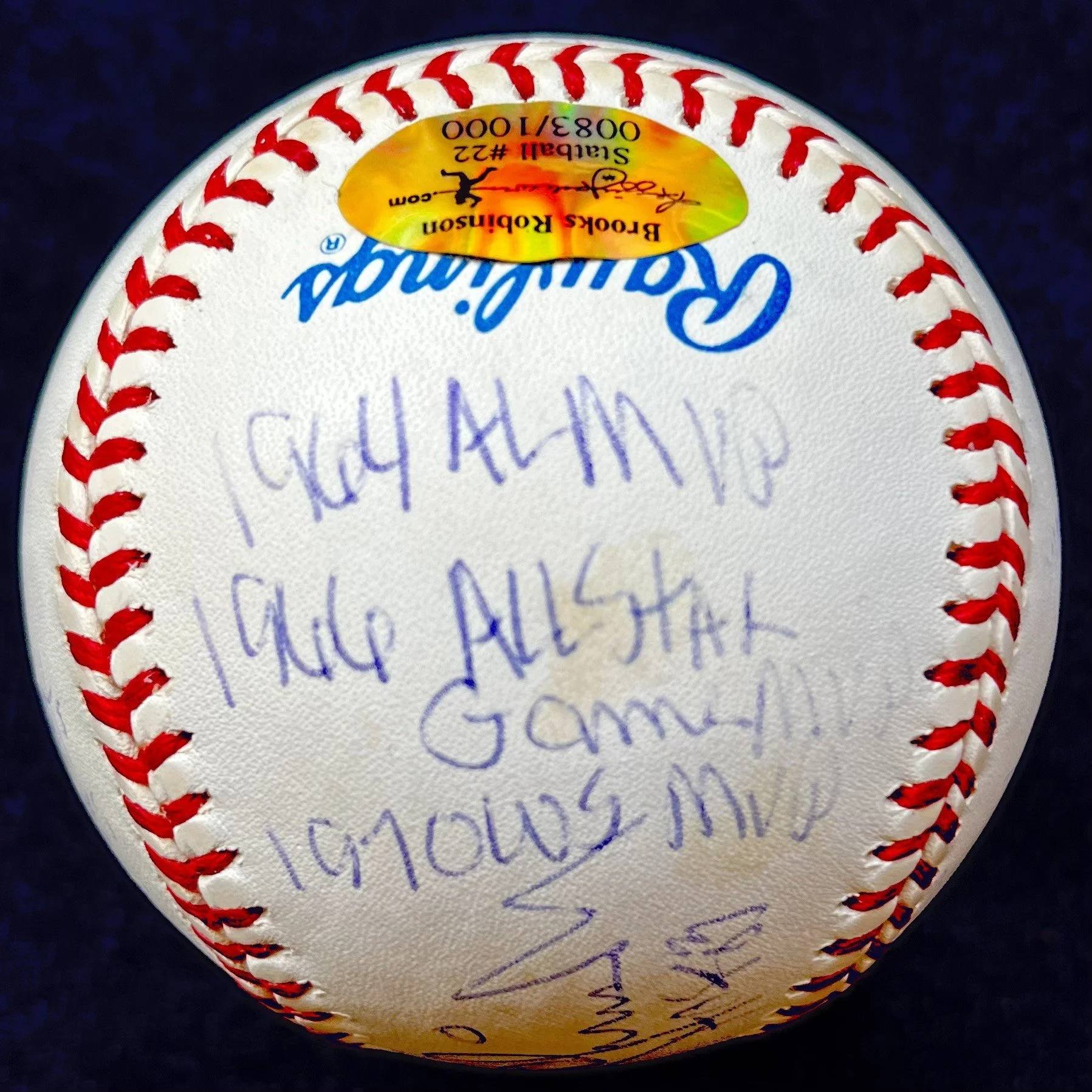 Brooks Robinson Signed 15 Stat Inscription Official American League Baseball. /1000. Brooks Robinson Sticker.