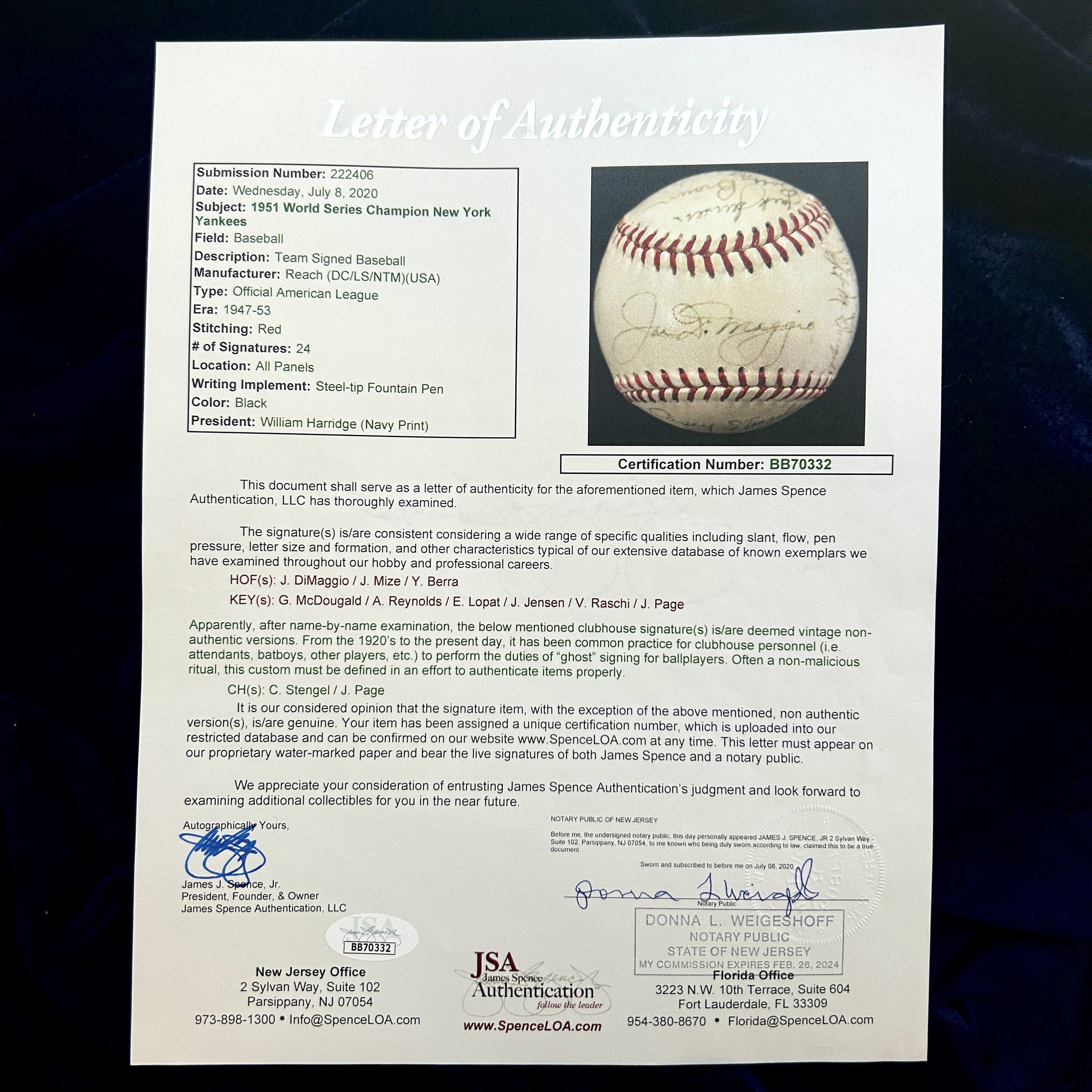 1951 New York Yankees World Series Champion Team Signed (24) Baseball. DiMaggio, Mize, Berra. JSA