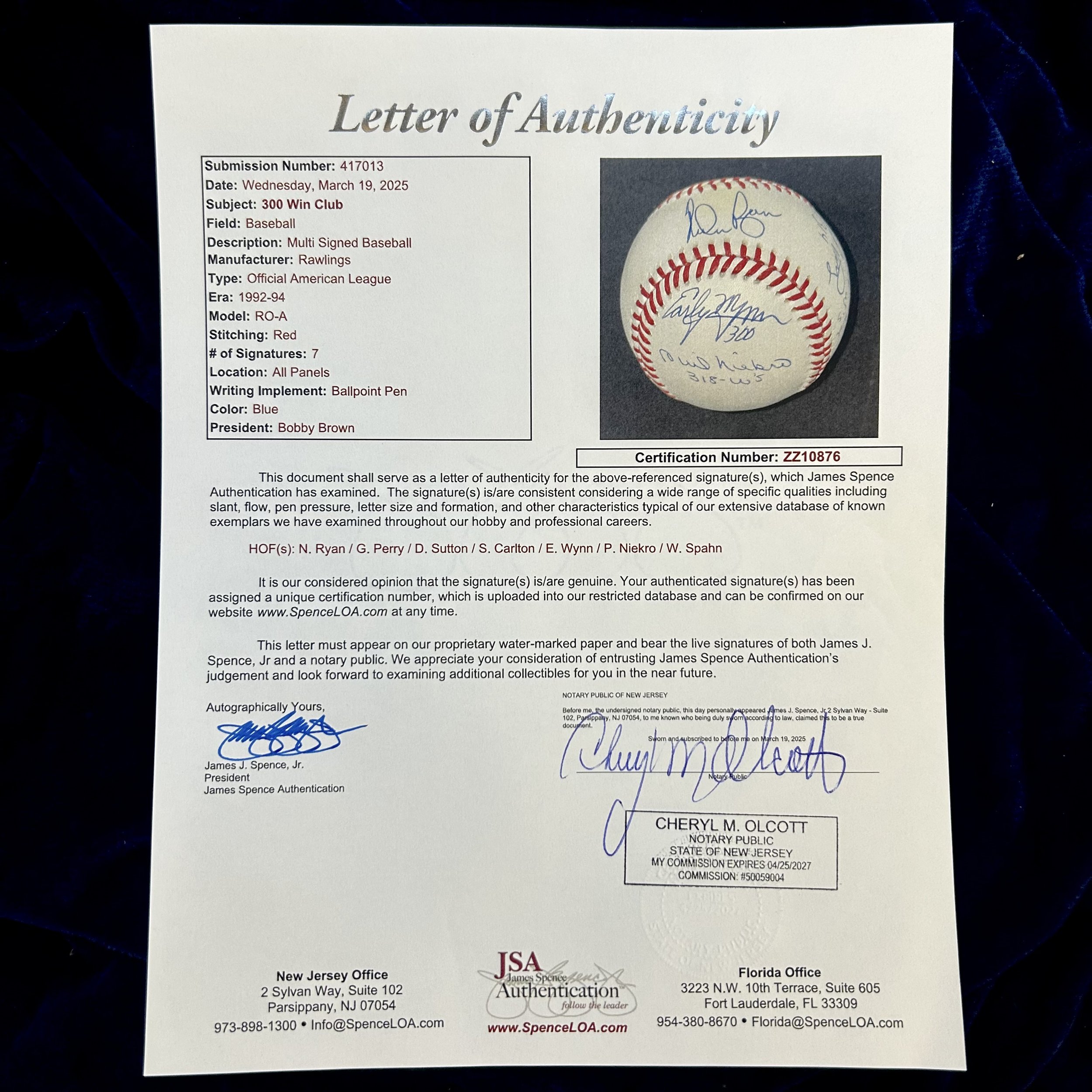 300 Win Club Signed (7) Official American League Baseball. Signed by Ryan, Perry, Sutton, Carlton, Wynn, Niekro, and Spahn. JSA