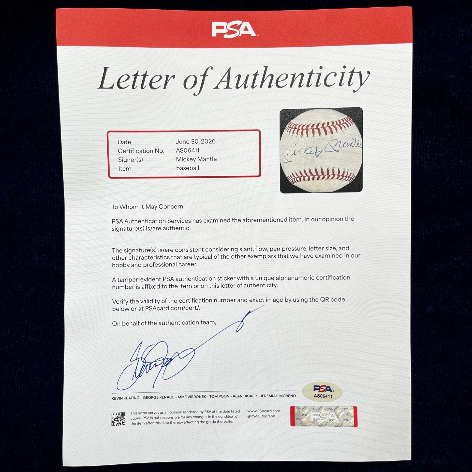 Mickey Mantle Signed Official American League Baseball. PSA