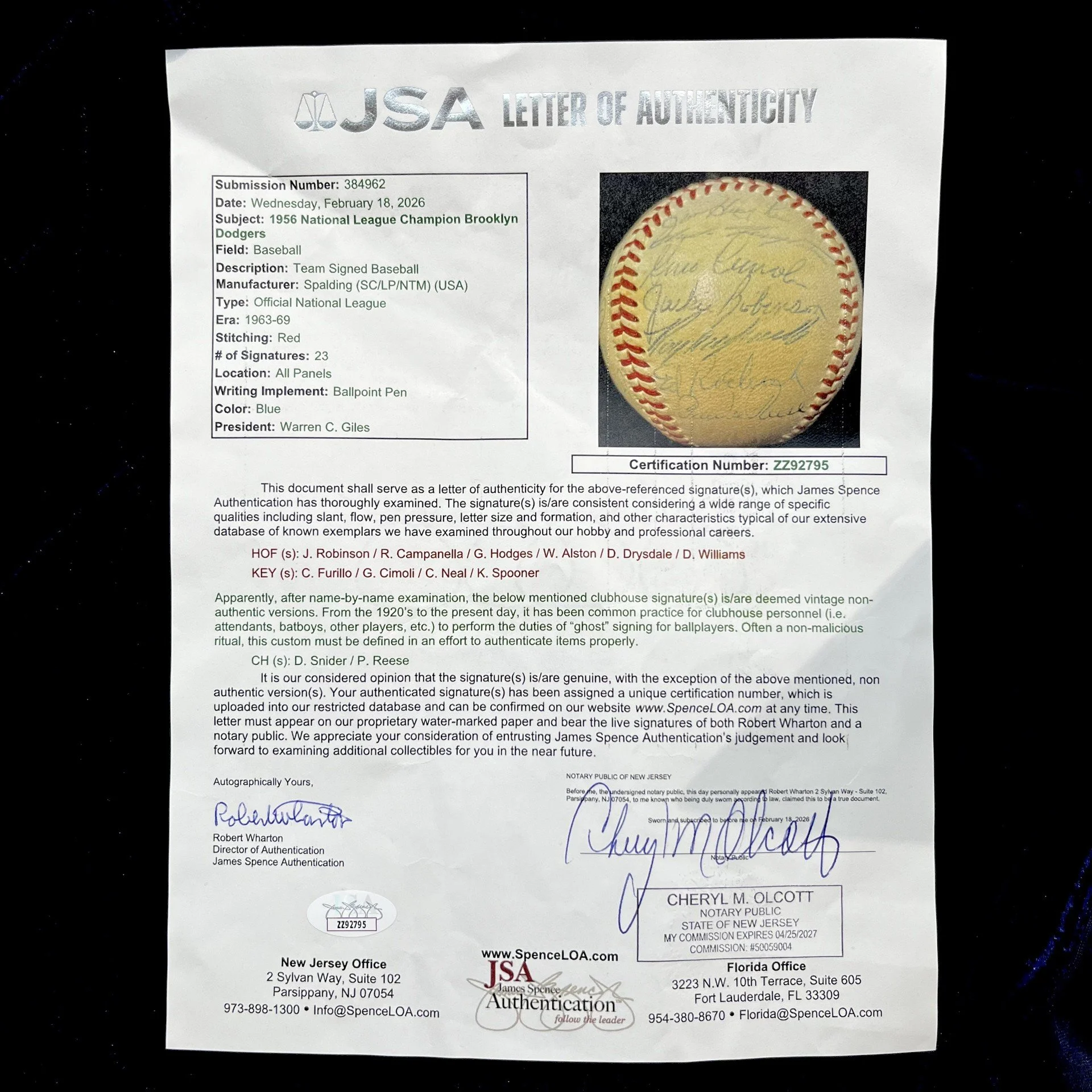 1956 National League Champion Brooklyn Dodgers Signed National League Baseball. Jackie Robinson, Roy Campanella, Gil Hodges, Walter Alston, Don Drysdale, Dick Williams. JSA