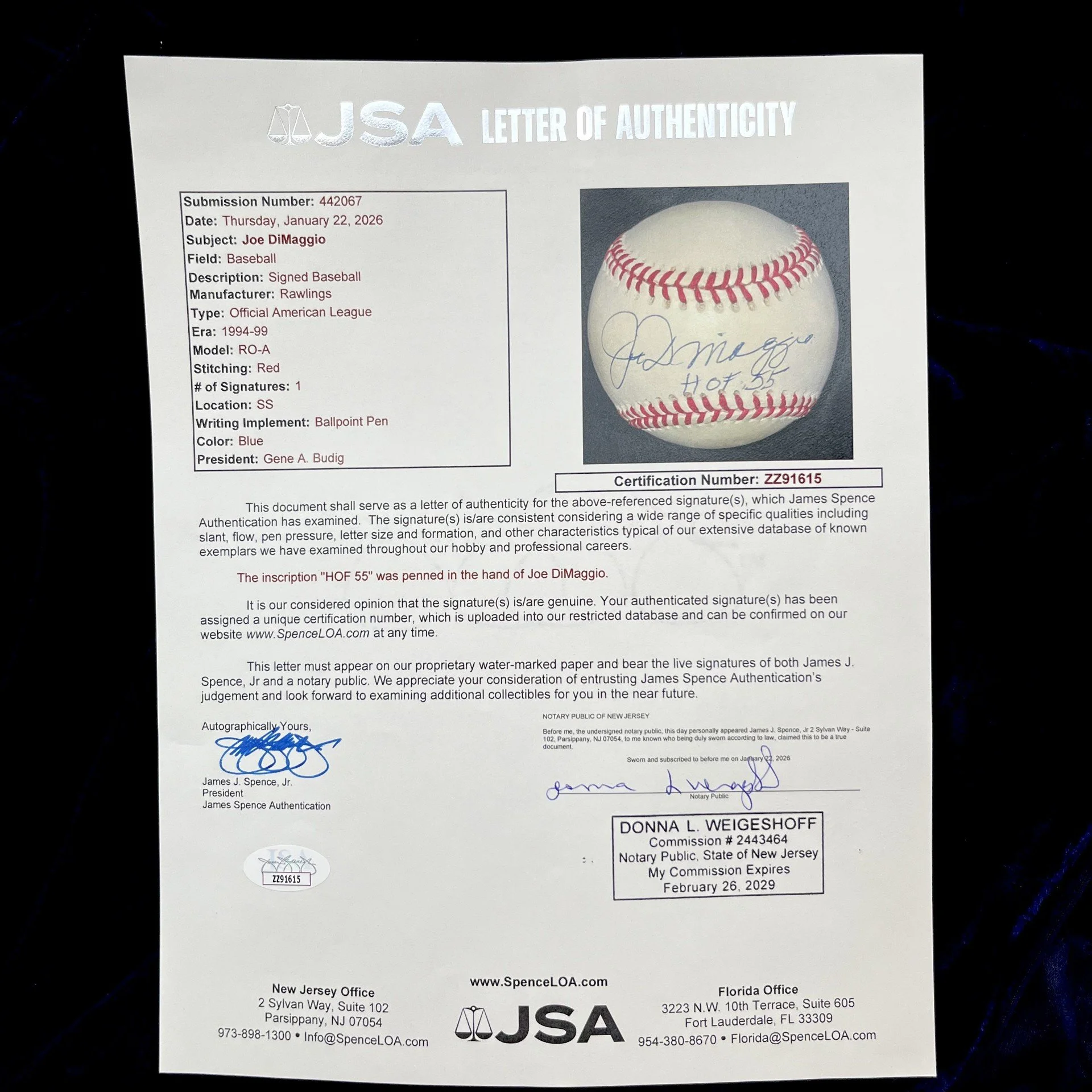 Joe DiMaggio Signed “HOF 55” Official American League Baseball. JSA