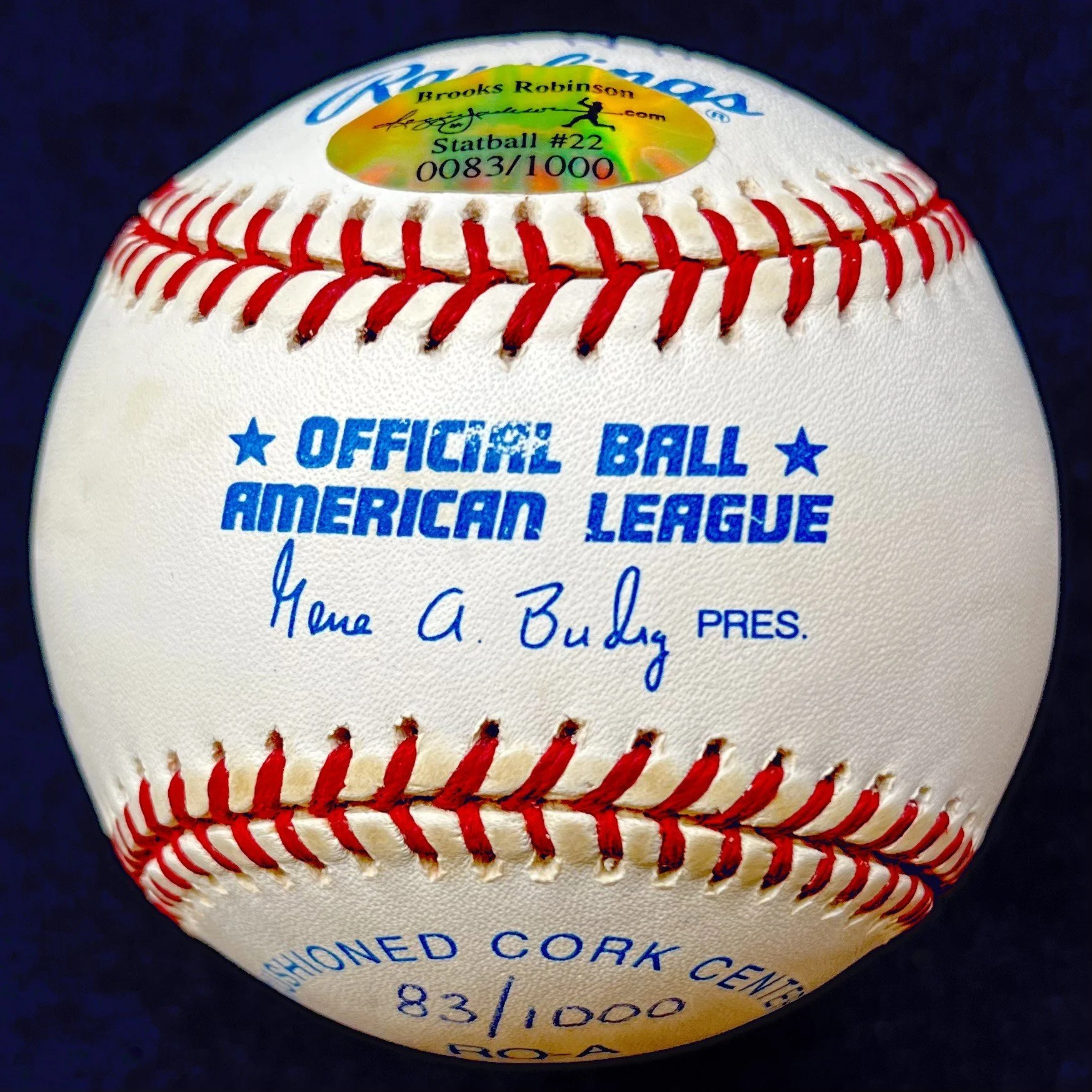 Brooks Robinson Signed 15 Stat Inscription Official American League Baseball. /1000. Brooks Robinson Sticker.