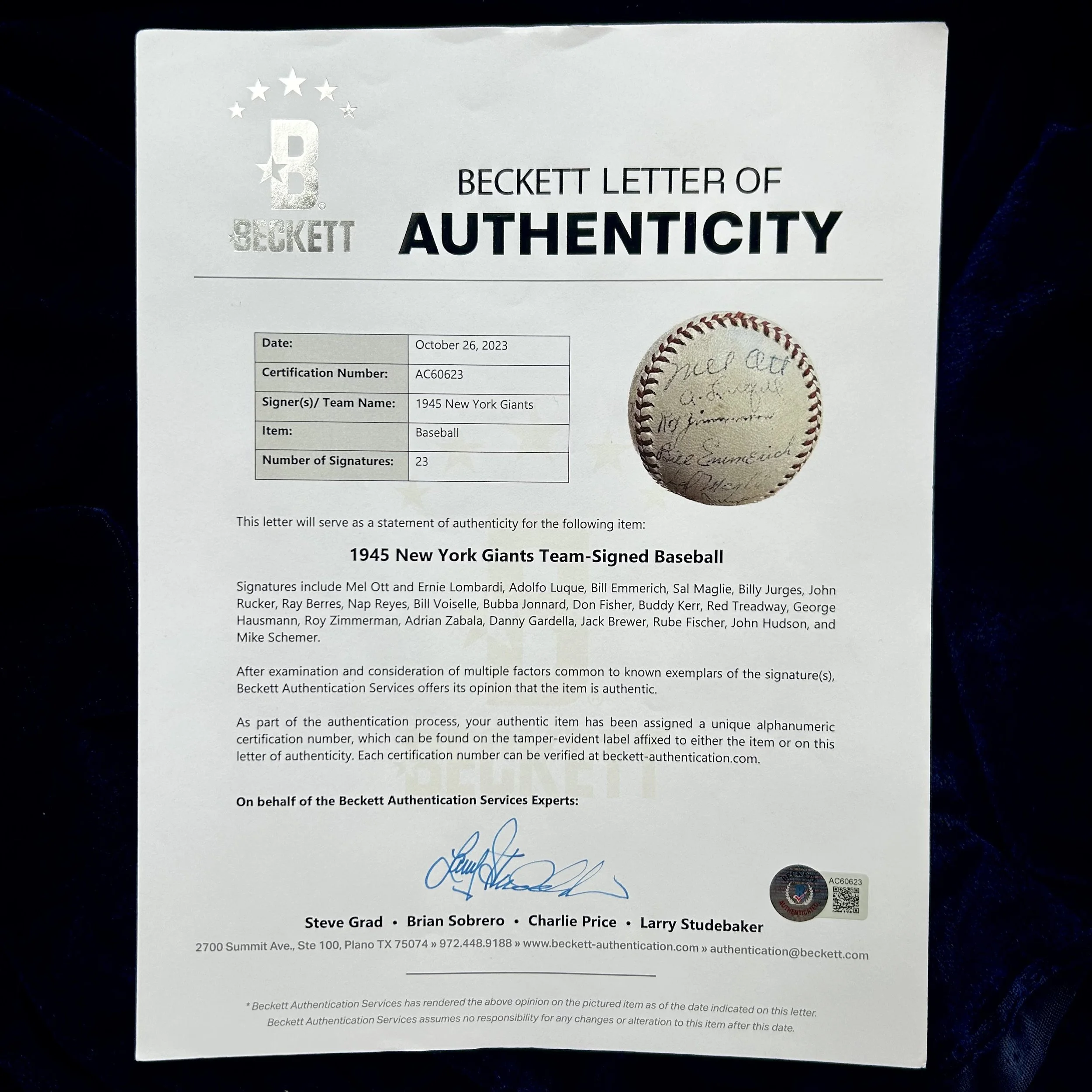 1945 New York Giants Team Signed (23) Official National League Baseball. Mell Ott, Ernie Lombardi, Adolfo Luque. Beckett