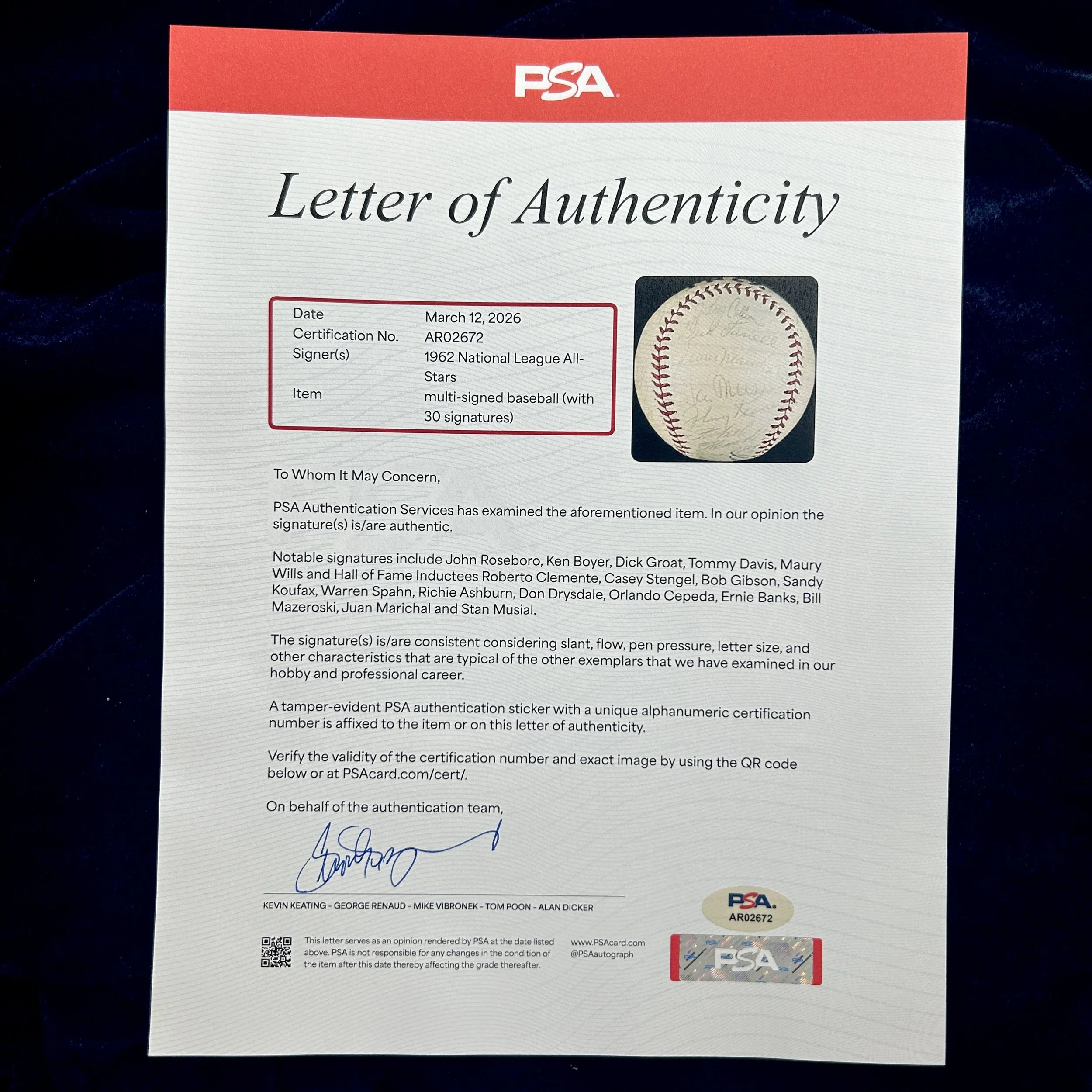 1962 National League All-Stars Multi-Signed (30) Baseball. Clemente, Stengel, Koufax, Spahn, Drysdale, Cepeda, Banks, Musial. PSA