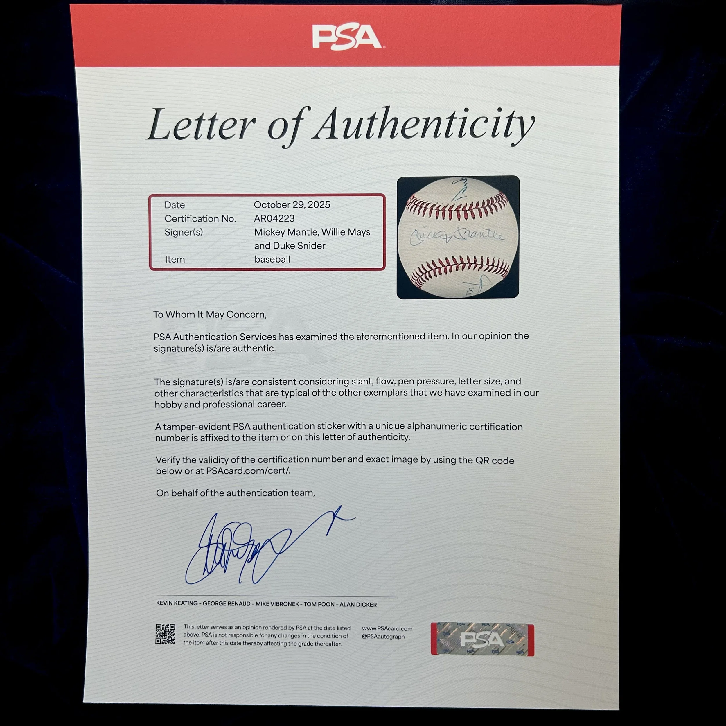 Mickey Mantle, Willie Mays, and Duke Snider Official Major League Multi-Signed Baseball. PSA