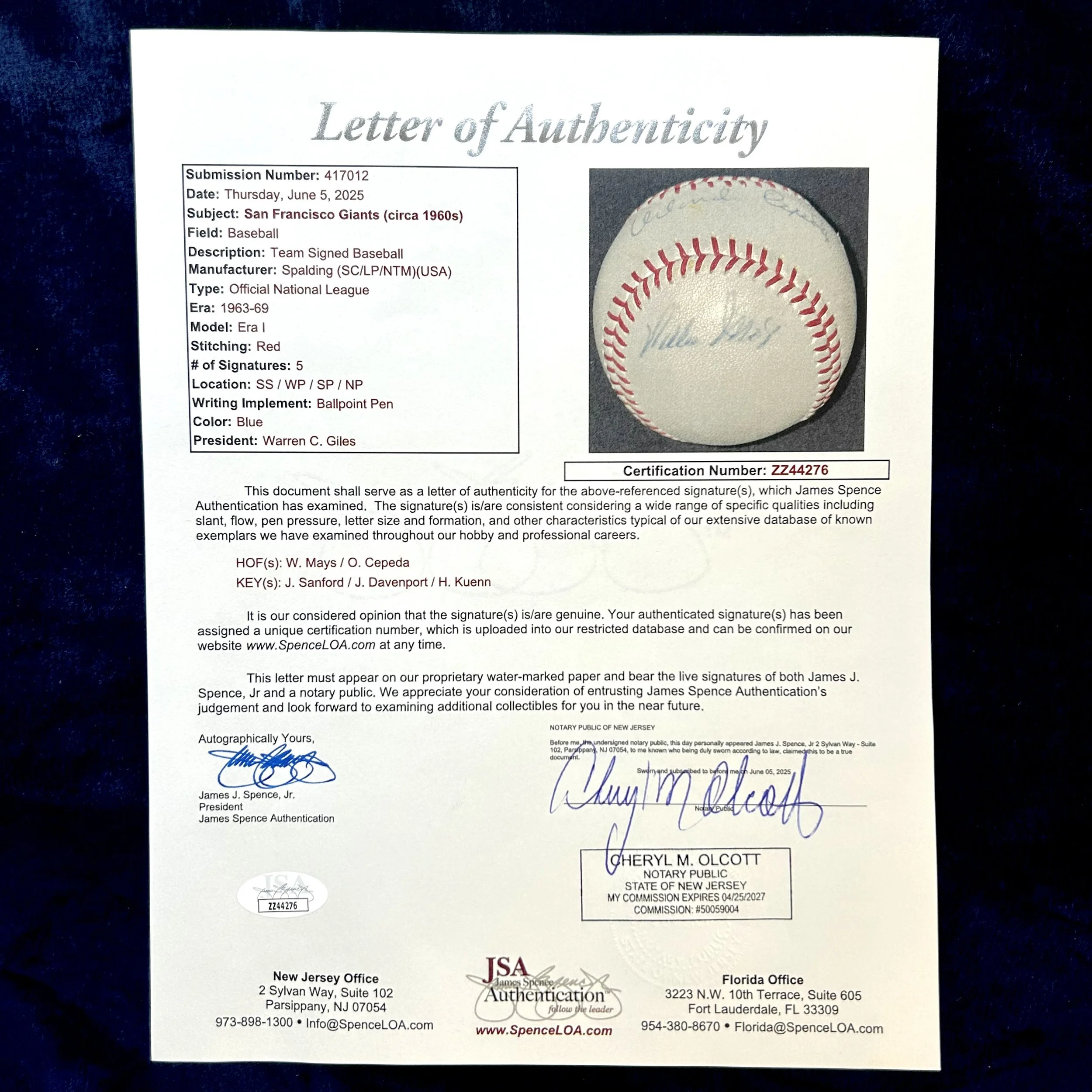 San Francisco Giants circa 1960s Signed Official National League Baseball. Signed by Willie Mays, Orlando Cepeda, Jack Sanford, Jim Davenport, Harvey Kuenn. JSA.