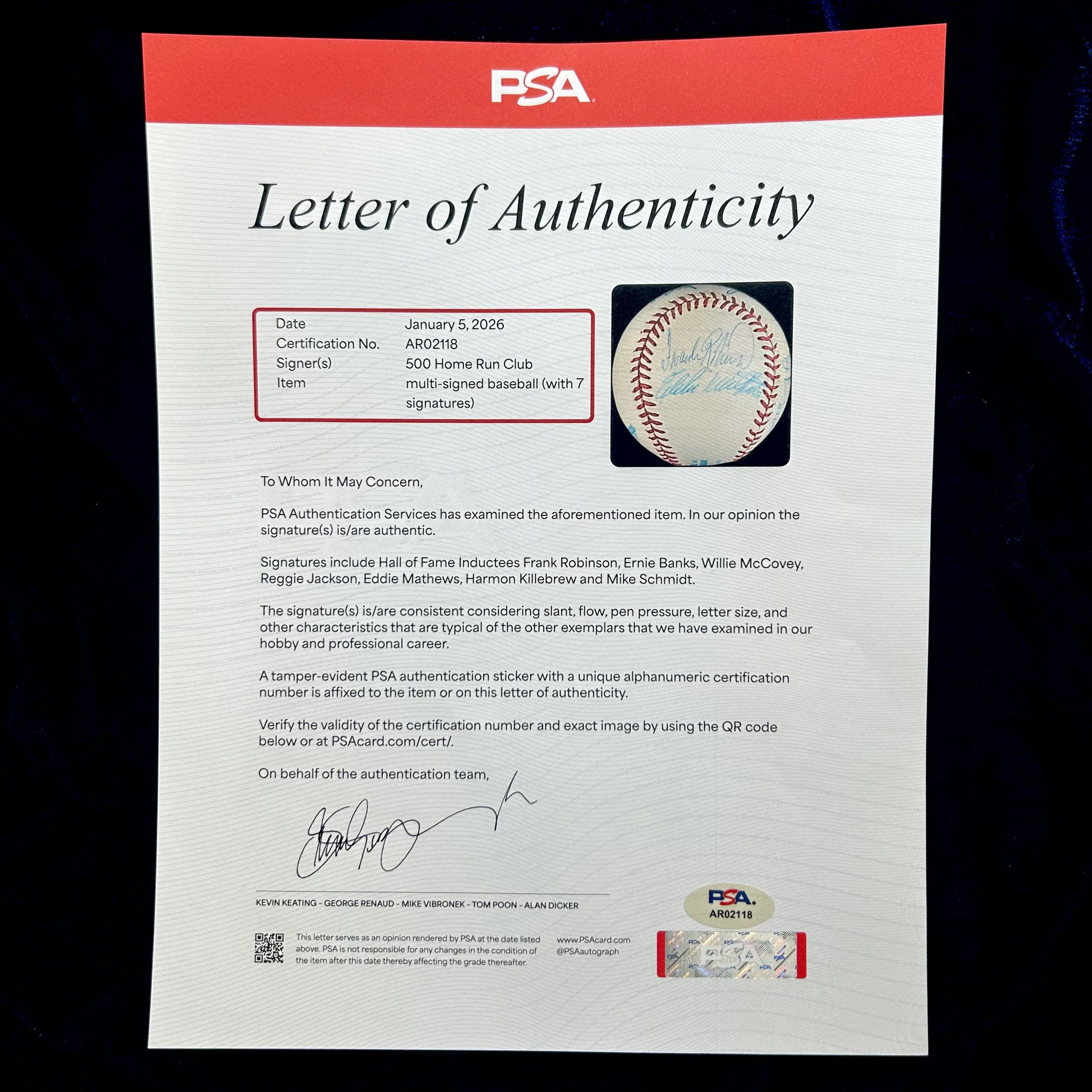 500 Home Run Club Official Multi-Signed (7) Official American League Baseball. Frank Robinson, Ernie Banks, Willie McCovey, Reggie Jackson, Eddie Mathews, Harmon Killebrew, Mike Schmidt. PSA