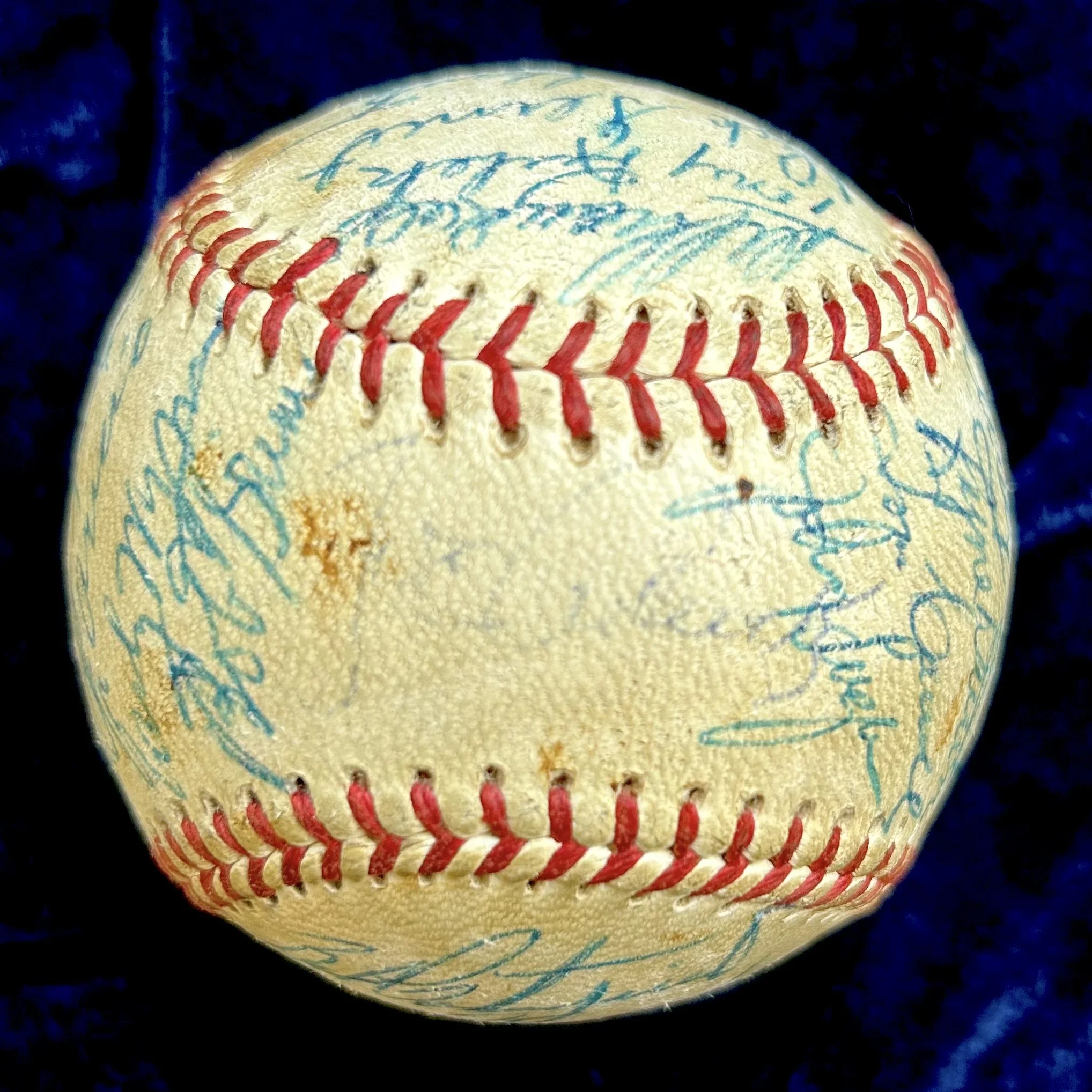 1950s Baseball Greats Multi-Signed (31) Baseball. Yogi Berra, Phil Rizzuto, Luis Aparicio, Early Wynn, Casey Stengel. PSA