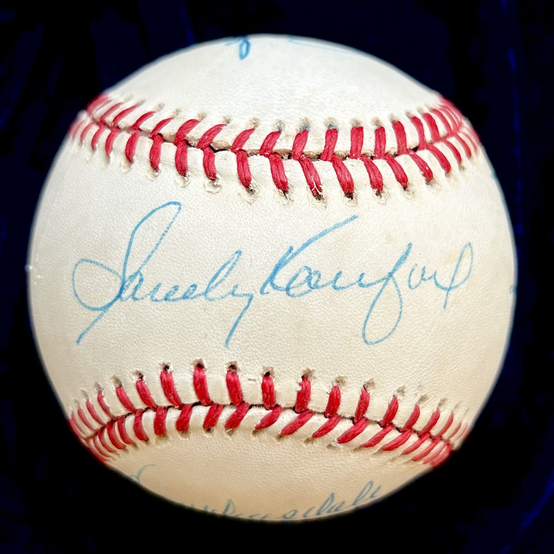 1984-90 Hall of Fame Pitchers Signed OAL Baseball. Koufax, Feller, Gibson, Roberts, Marichal, Drysdale, Spahn, Ford. JSA