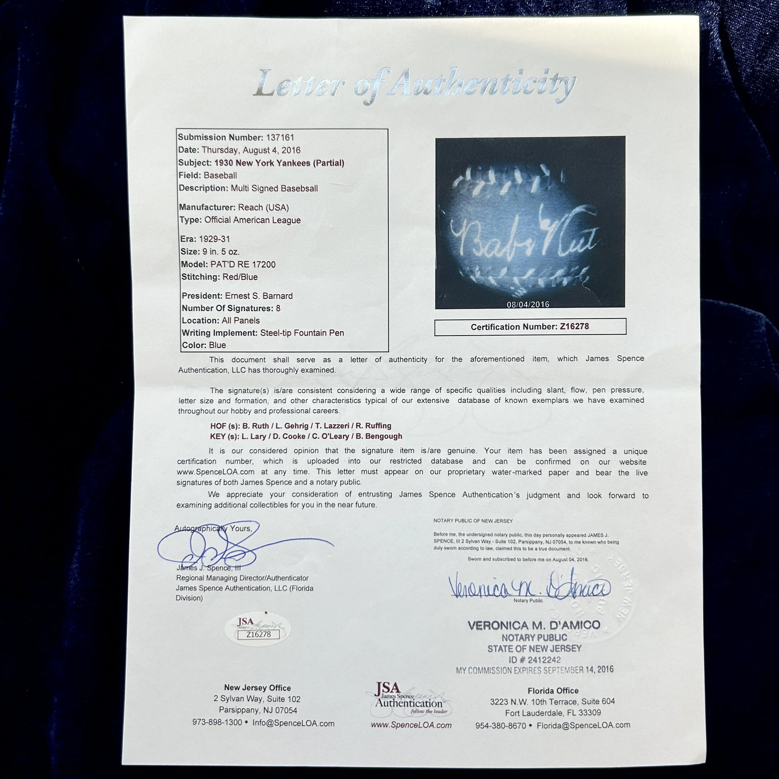 1930 New York Yankees Signed (8) Official American League Baseball. Babe Ruth, Lou Gehrig. JSA