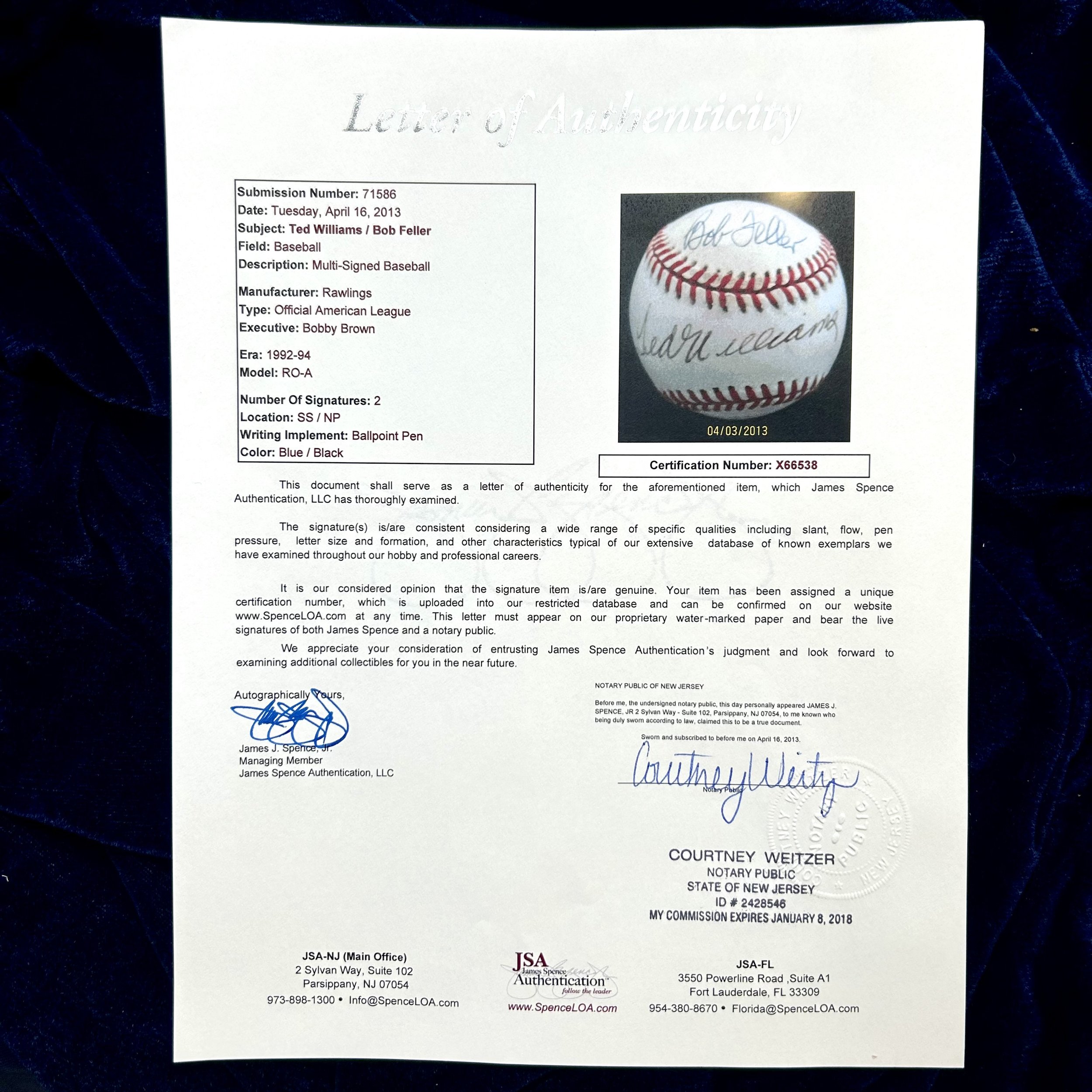 Ted Williams and Bob Feller Multi-Signed Official American League Baseball. JSA.
