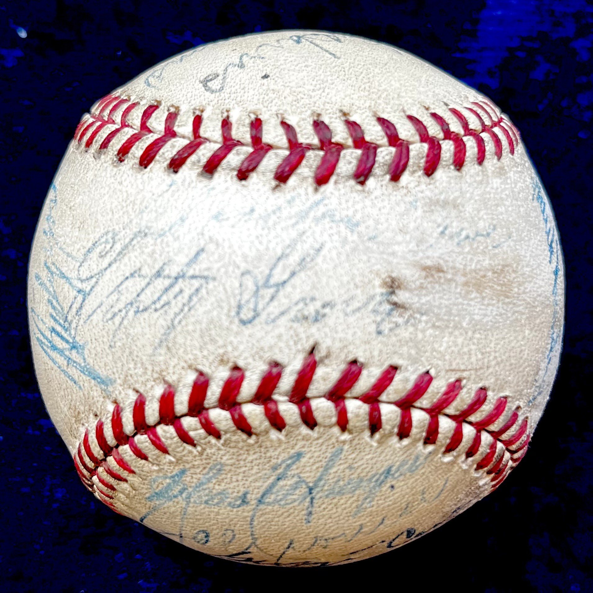 Hall of Famers and Stars Multi Signed American League Ball. Jimmie Foxx, Lefty Grove, Charlie Gehringer, Ted Williams, Bucky Harris, Joe Cronin, Red Ruffing, Joe Dimaggio, Hank Greenberg. JSA