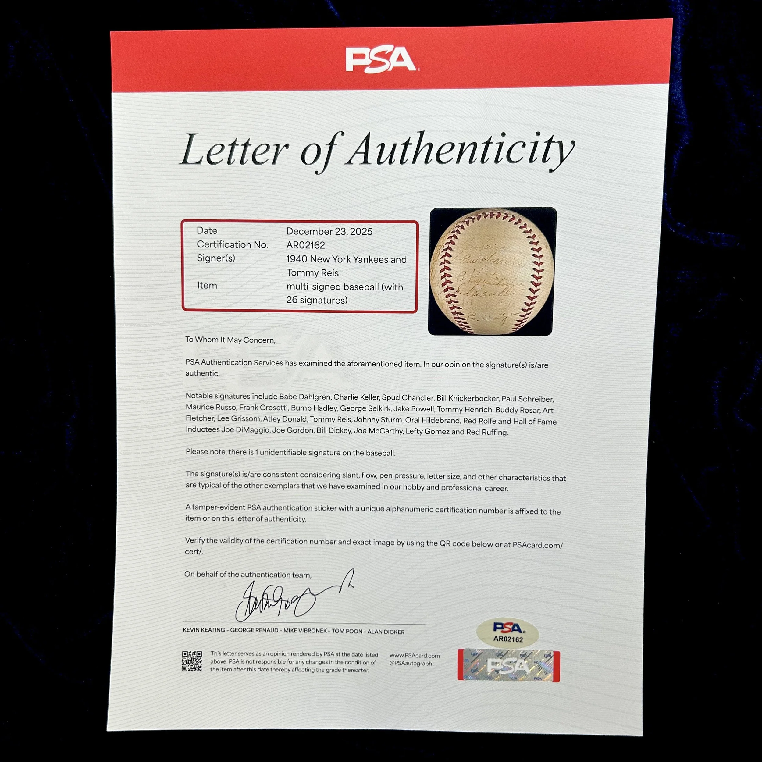 1940 New York Yankees Team Signed (26) Official Baseball. Joe DiMaggio, Joe Gordon, Bill Dickey, Joe McCarthy, Lefty Gomez, Red Ruffing. PSA