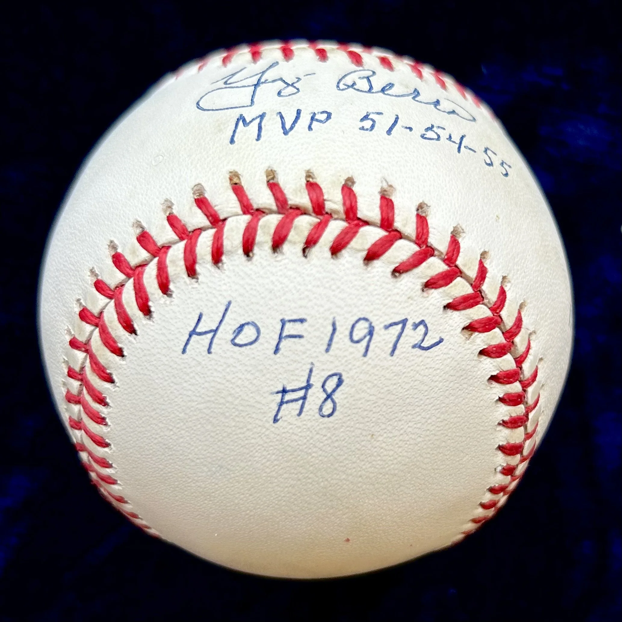 Yogi Berra "MVP 51-54-55" Signed Official American League Stat Baseball. JSA