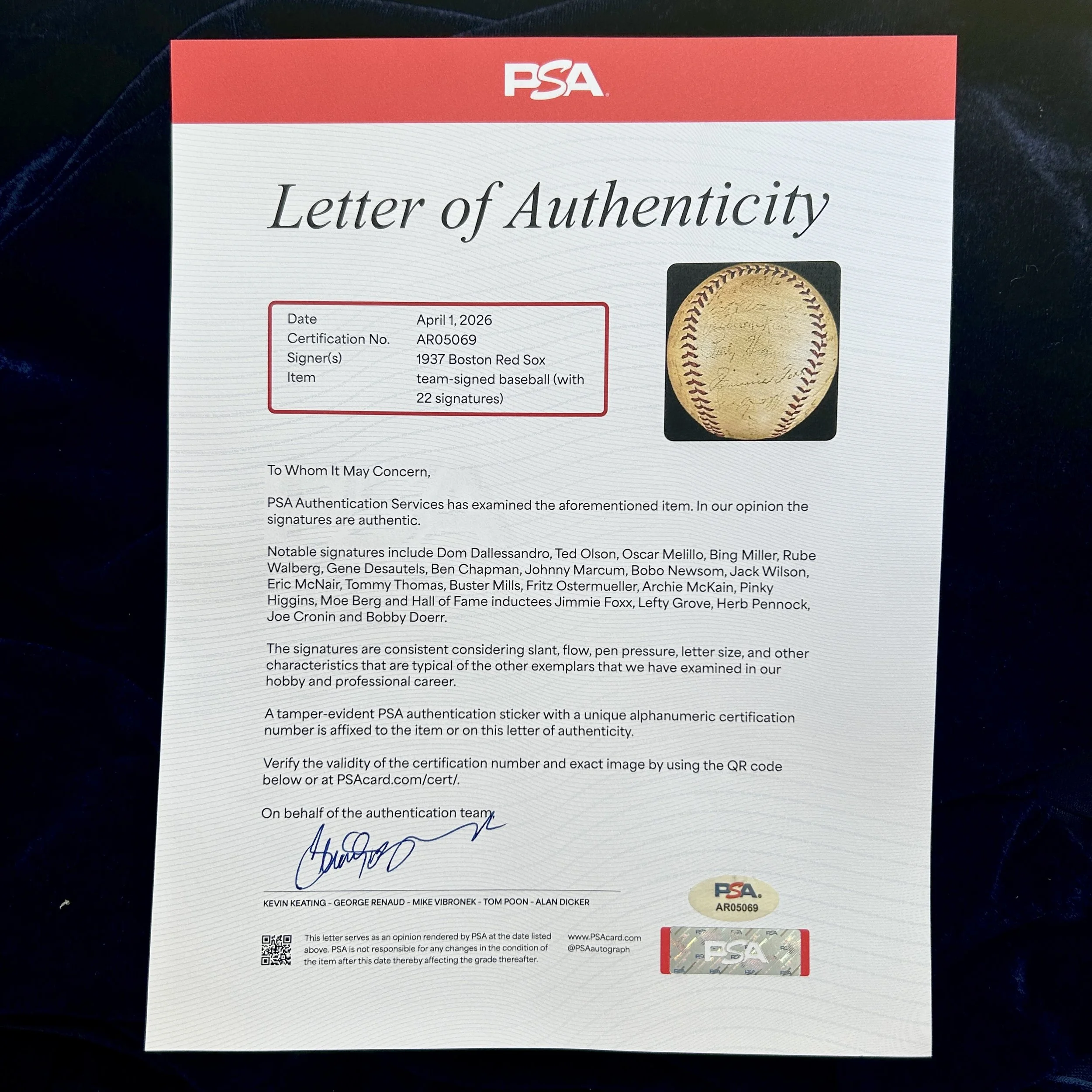 1937 Boston Red Sox Team Signed (22) Official American League Baseball. Jimmie Foxx, Lefty Grove, Herb Pennock, Joe Cronin, Bobby Doerr. PSA